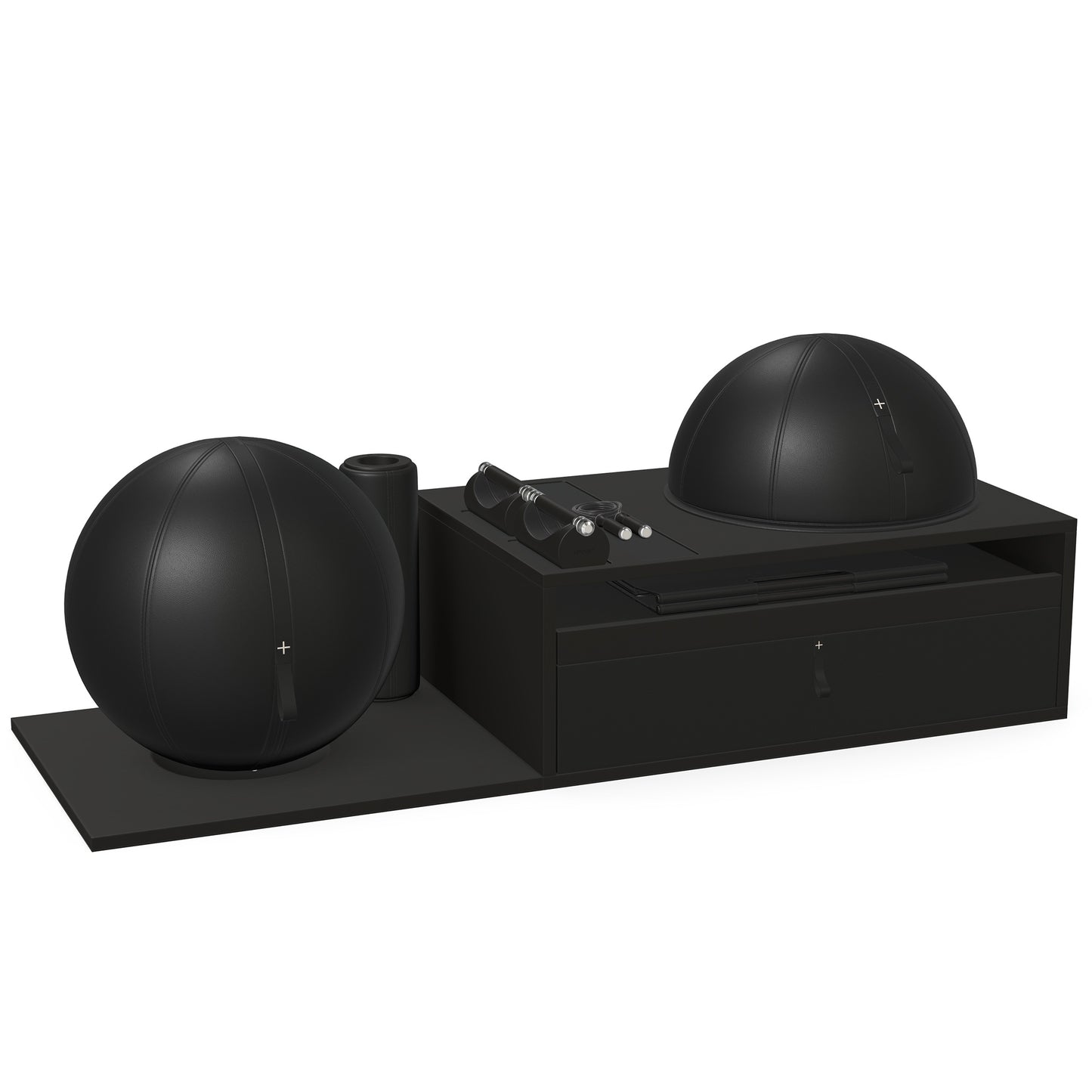 PENT. RACKA: Skipping ropes, push up bars, fitness mat, fitness ball, balance ball and stretching roller. Handcrafted with natural Italian black base leather, black accent leather and black ash wood.