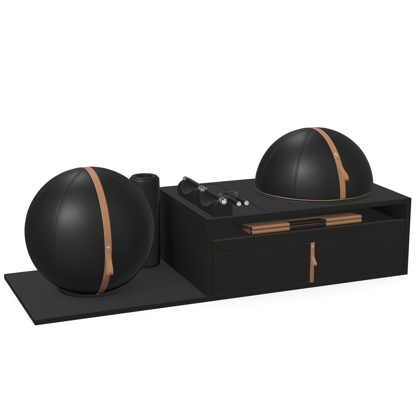 PENT. RACKA: Skipping ropes, push up bars, fitness mat, fitness ball, balance ball and stretching roller. Handcrafted with natural Italian black base leather, brown accent leather and black ash wood.