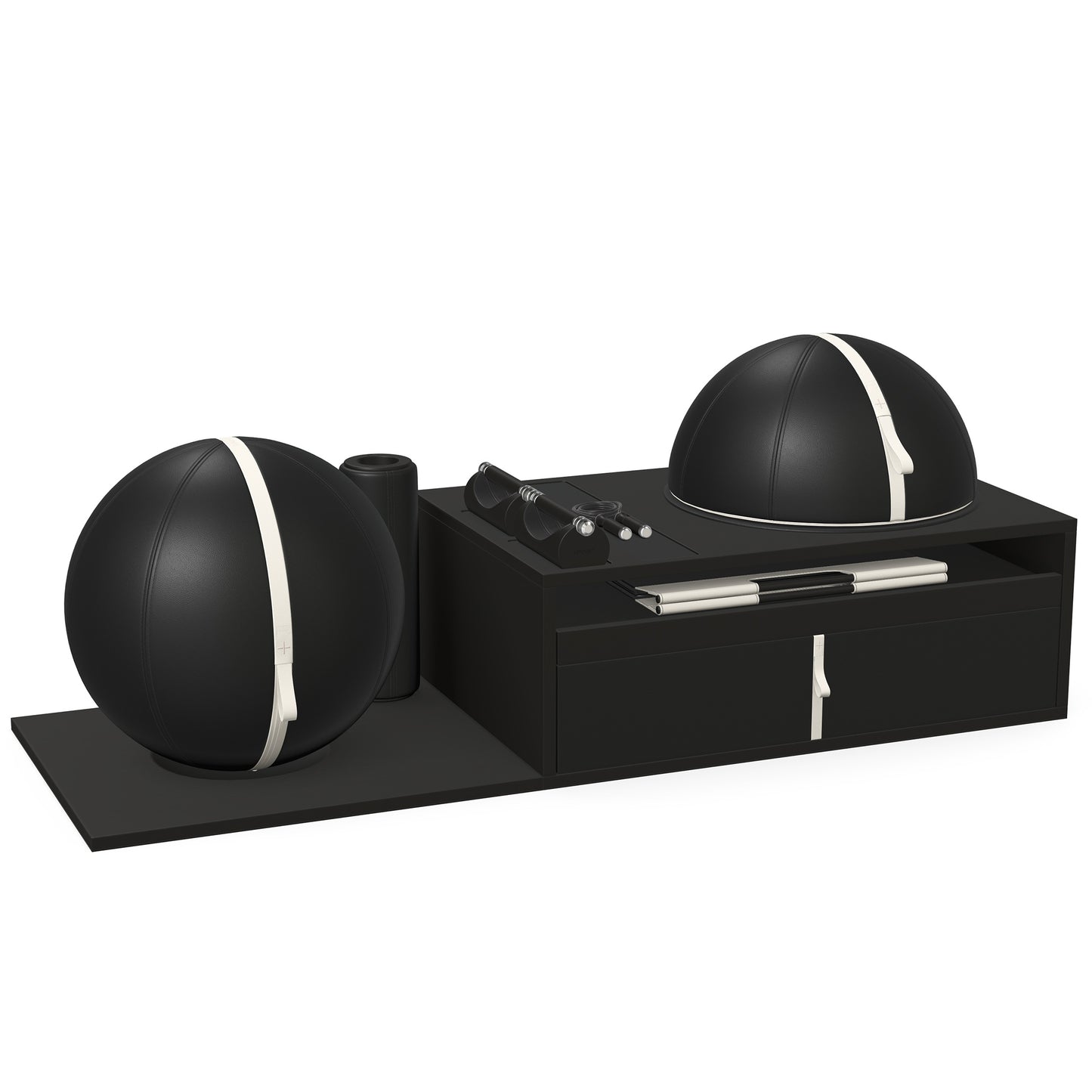 PENT. RACKA: Skipping ropes, push up bars, fitness mat, fitness ball, balance ball and stretching roller. Handcrafted with natural Italian black base leather, white accent leather and black ash wood.