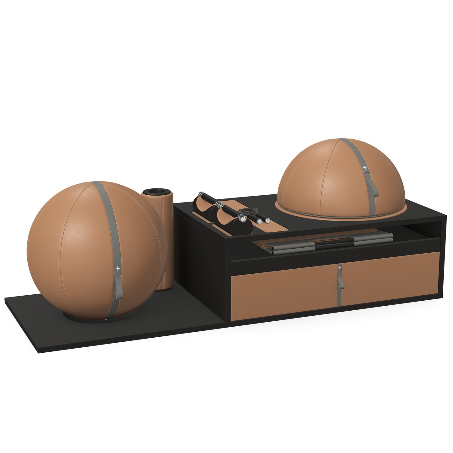 PENT. RACKA: Skipping ropes, push up bars, fitness mat, fitness ball, balance ball and stretching roller. Handcrafted with natural Italian brown base leather, grey accent leather and black ash wood.