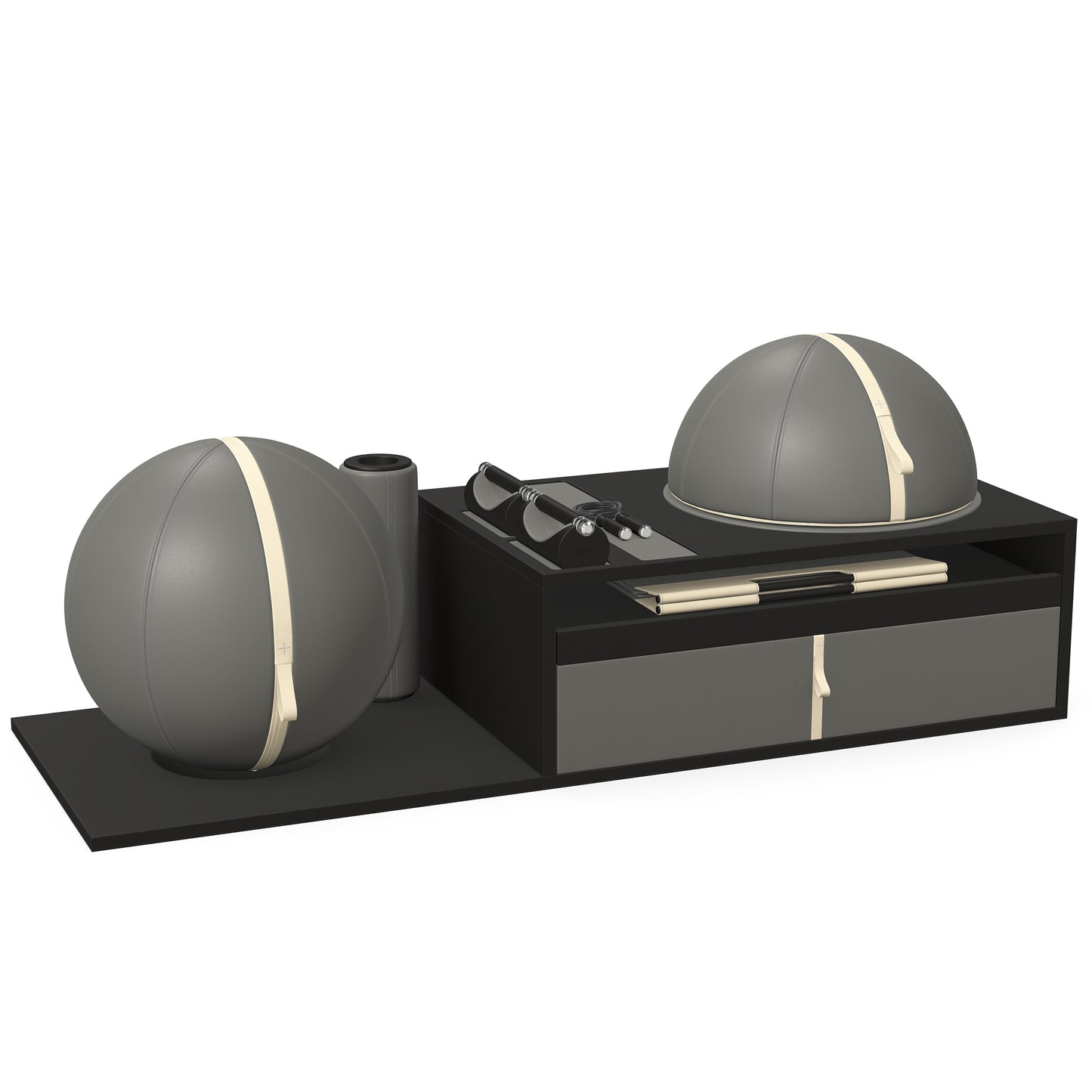 PENT. RACKA: Skipping ropes, push up bars, fitness mat, fitness ball, balance ball and stretching roller. Handcrafted with natural Italian grey base leather, beige accent leather and black ash wood.