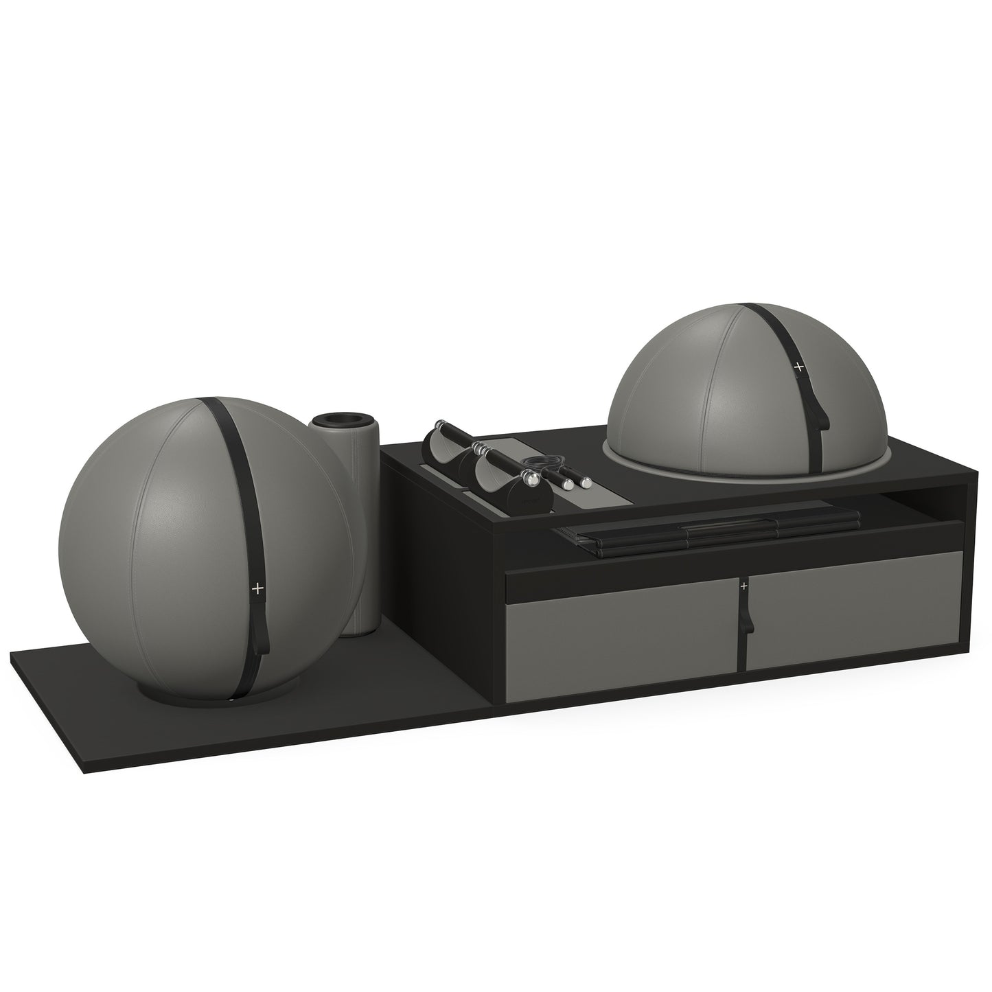PENT. RACKA: Skipping ropes, push up bars, fitness mat, fitness ball, balance ball and stretching roller. Handcrafted with natural Italian grey base leather, black accent leather and black ash wood.