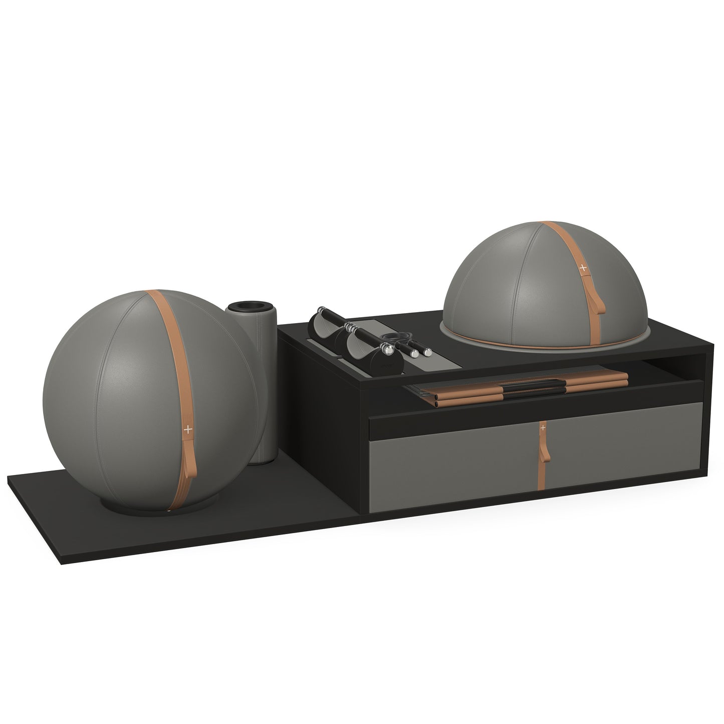 PENT. RACKA: Skipping ropes, push up bars, fitness mat, fitness ball, balance ball and stretching roller. Handcrafted with natural Italian grey base leather, brown accent leather and black ash wood.
