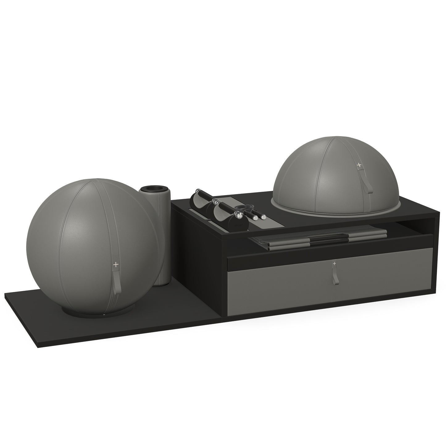PENT. RACKA: Skipping ropes, push up bars, fitness mat, fitness ball, balance ball and stretching roller. Handcrafted with natural Italian grey base leather, grey accent leather and black ash wood.