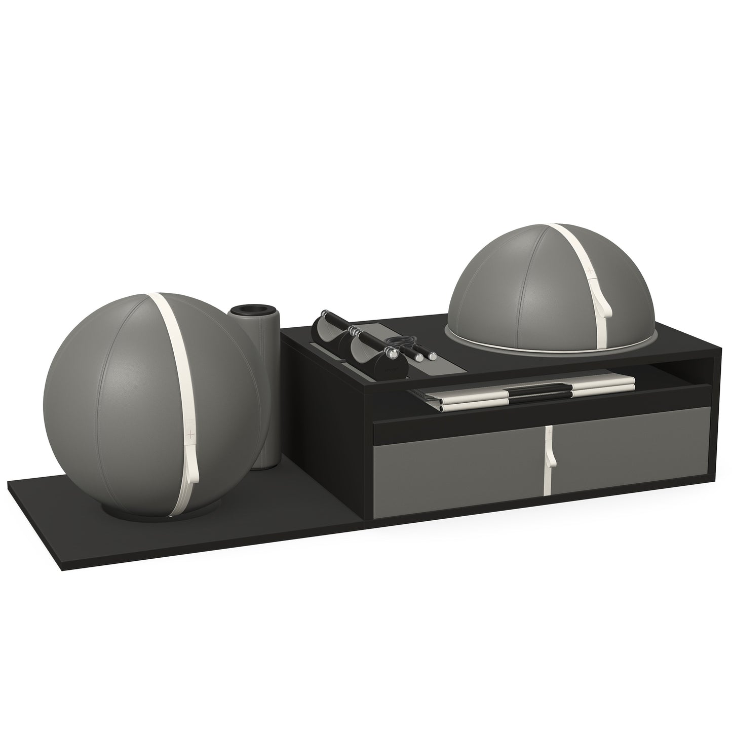 PENT. RACKA: Skipping ropes, push up bars, fitness mat, fitness ball, balance ball and stretching roller. Handcrafted with natural Italian grey base leather, white accent leather and black ash wood.