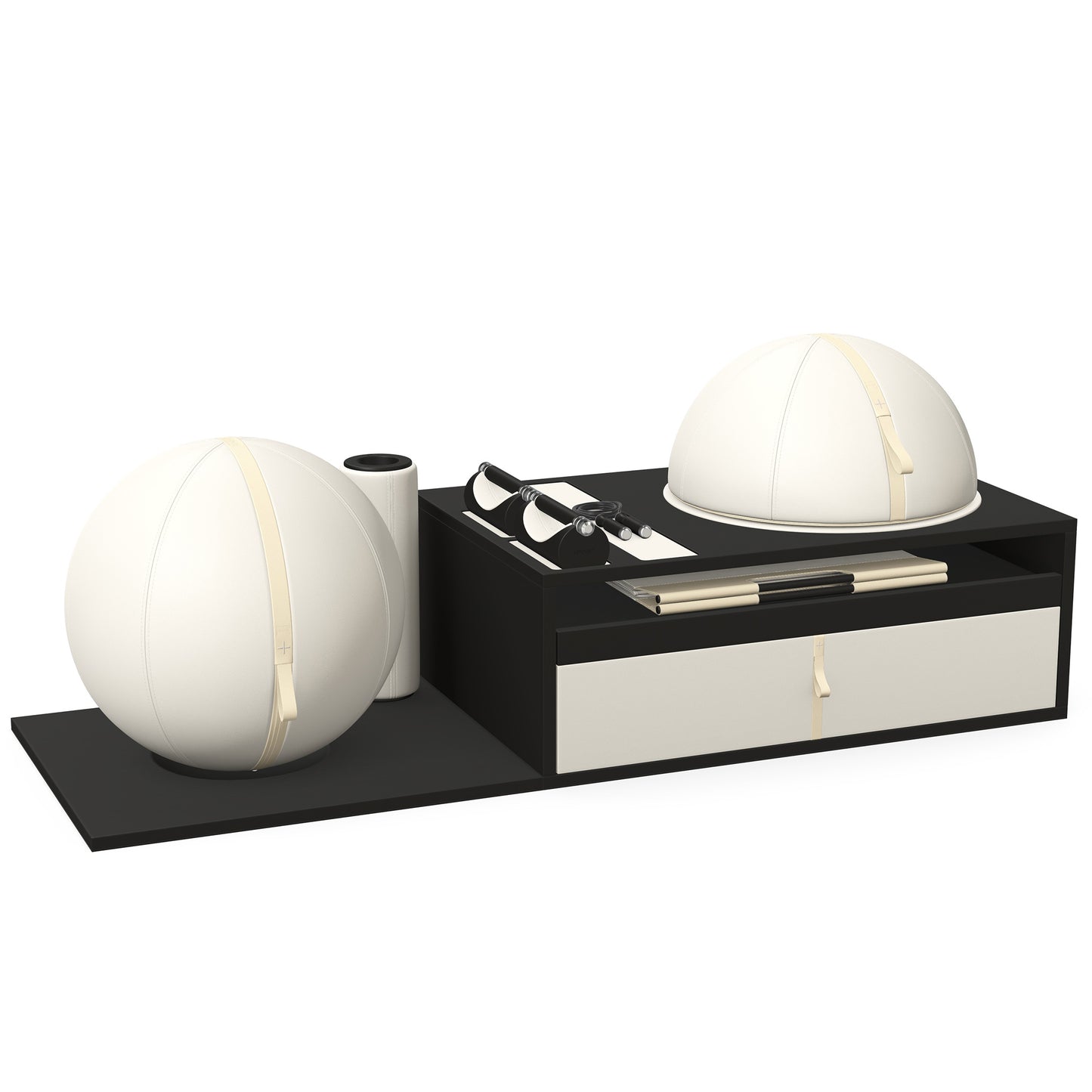 PENT. RACKA: Skipping ropes, push up bars, fitness mat, fitness ball, balance ball and stretching roller. Handcrafted with natural Italian white base leather, beige accent leather and black ash wood.