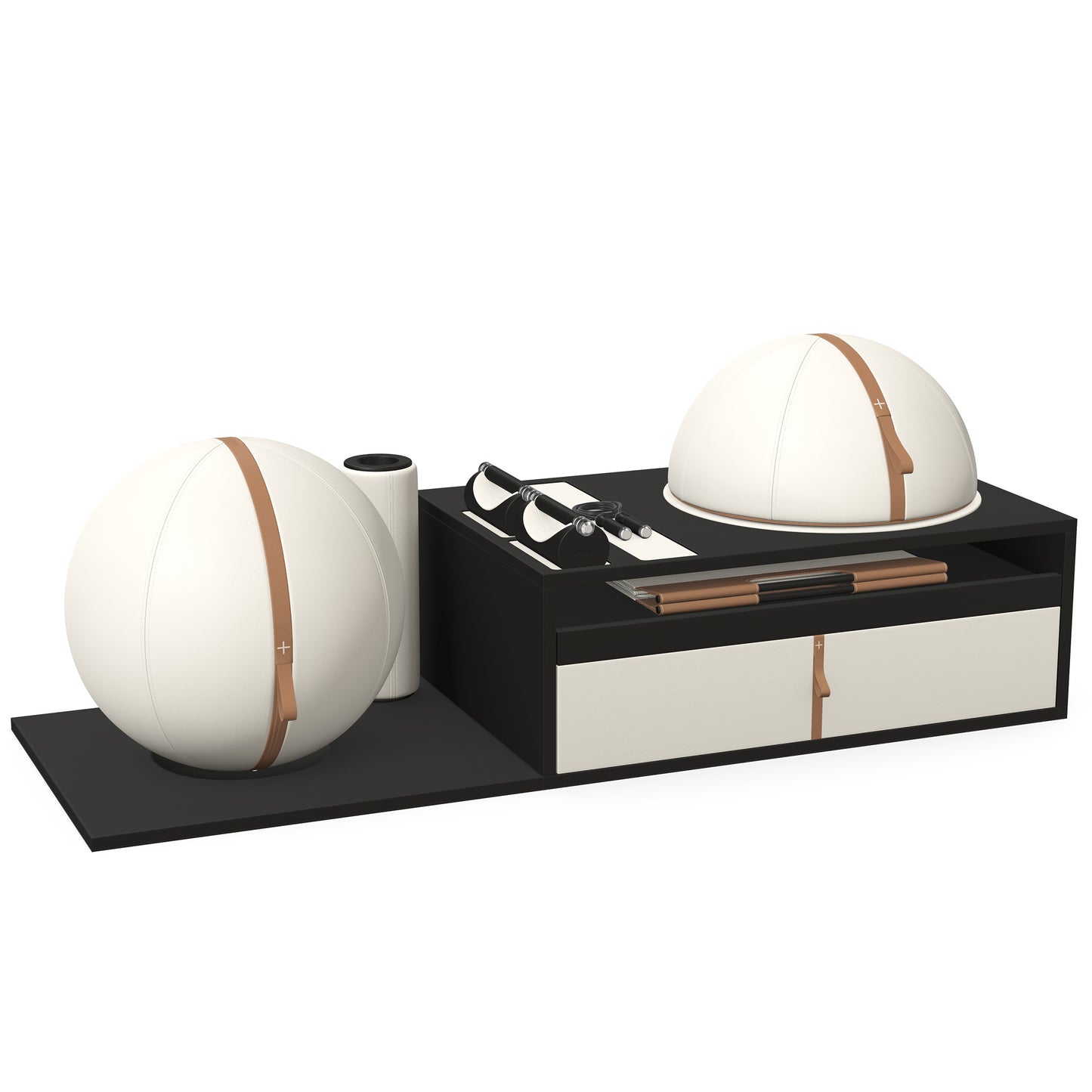 PENT. RACKA: Skipping ropes, push up bars, fitness mat, fitness ball, balance ball and stretching roller. Handcrafted with natural Italian white base leather, brown accent leather and black ash wood.