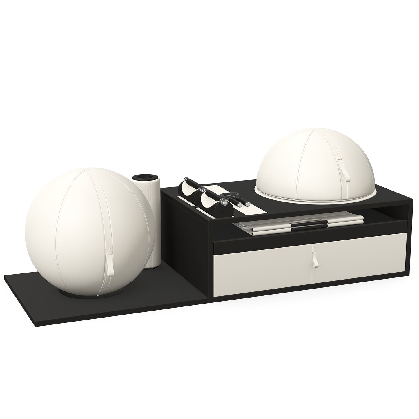 PENT. RACKA: Skipping ropes, push up bars, fitness mat, fitness ball, balance ball and stretching roller. Handcrafted with natural Italian white base leather, white accent leather and black ash wood.