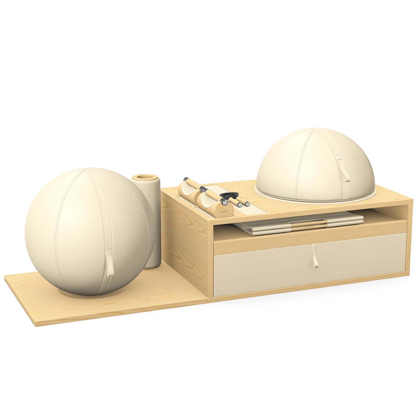 PENT. RACKA: Skipping ropes, push up bars, fitness mat, fitness ball, balance ball and stretching roller. Handcrafted with natural Italian beige base leather, beige accent leather and natural ash wood.
