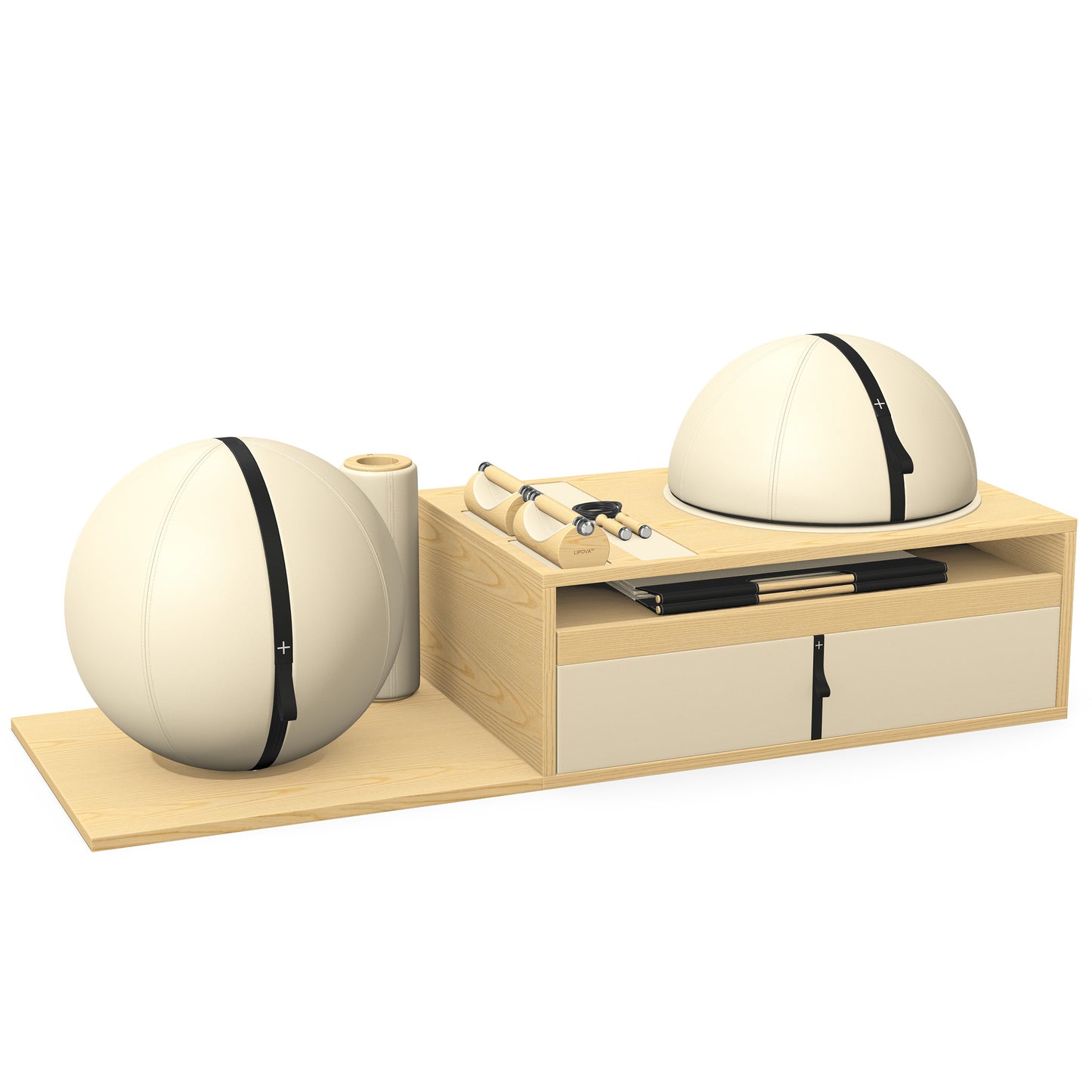 PENT. RACKA: Skipping ropes, push up bars, fitness mat, fitness ball, balance ball and stretching roller. Handcrafted with natural Italian beige base leather, black accent leather and natural ash wood.