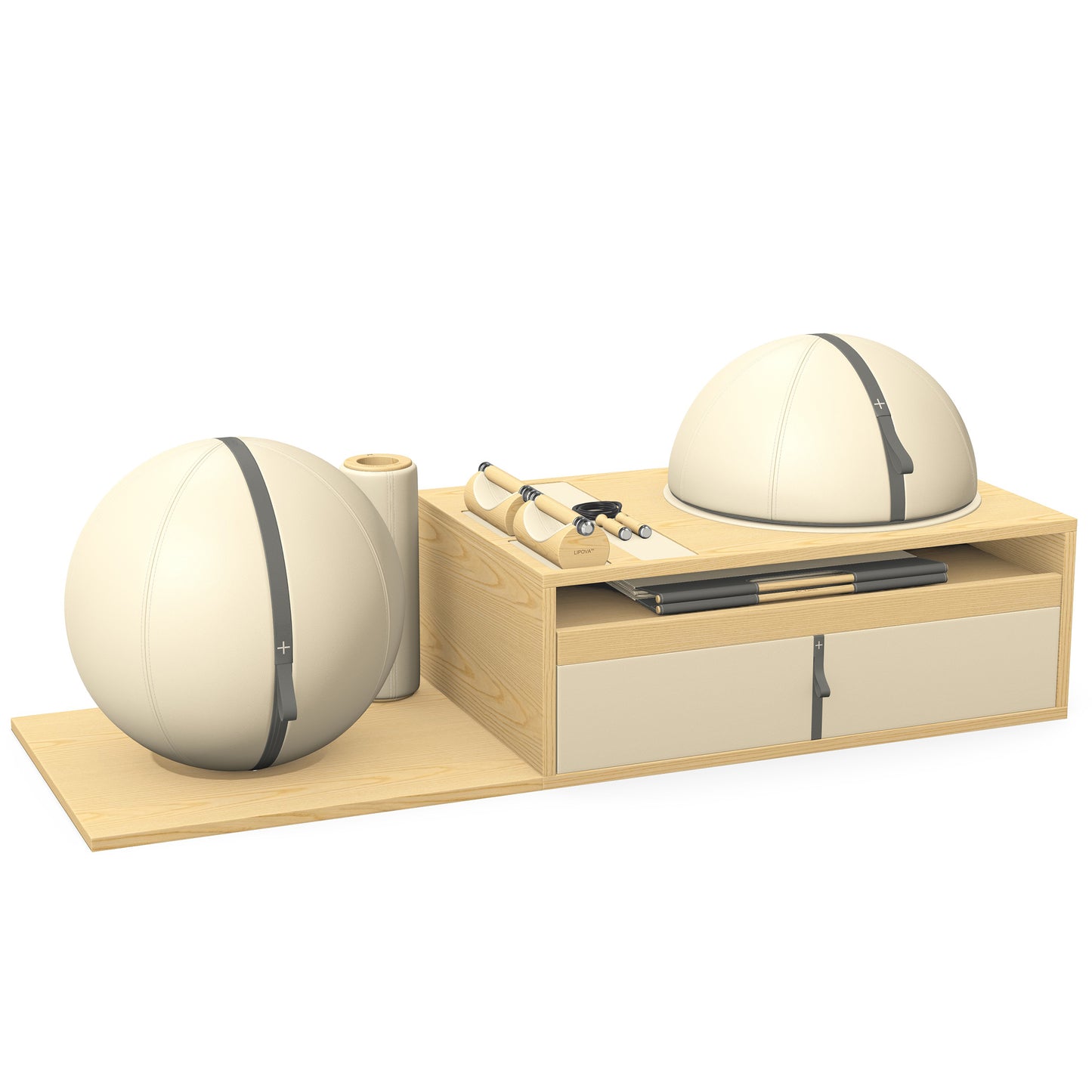 PENT. RACKA: Skipping ropes, push up bars, fitness mat, fitness ball, balance ball and stretching roller. Handcrafted with natural Italian beige base leather, grey accent leather and natural ash wood.