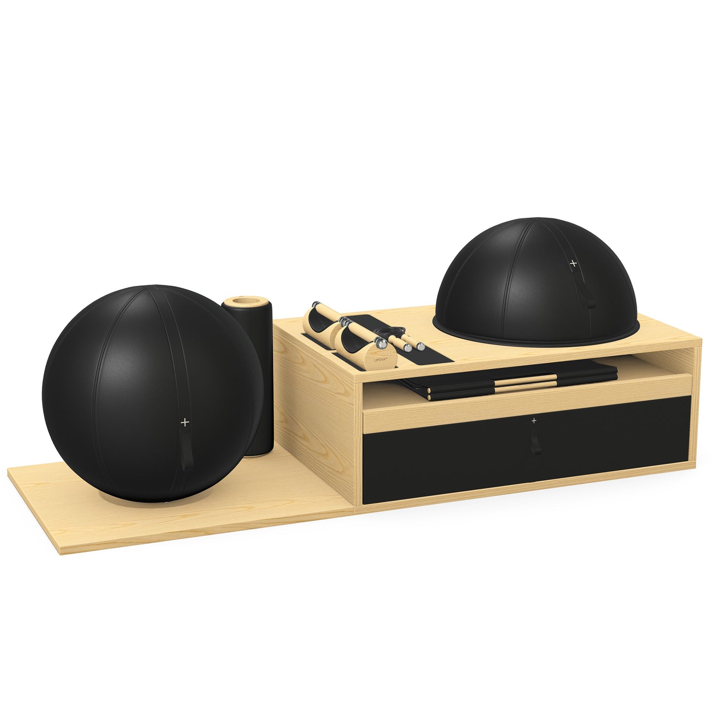 PENT. RACKA: Skipping ropes, push up bars, fitness mat, fitness ball, balance ball and stretching roller. Handcrafted with natural Italian black base leather, black accent leather and natural ash wood.