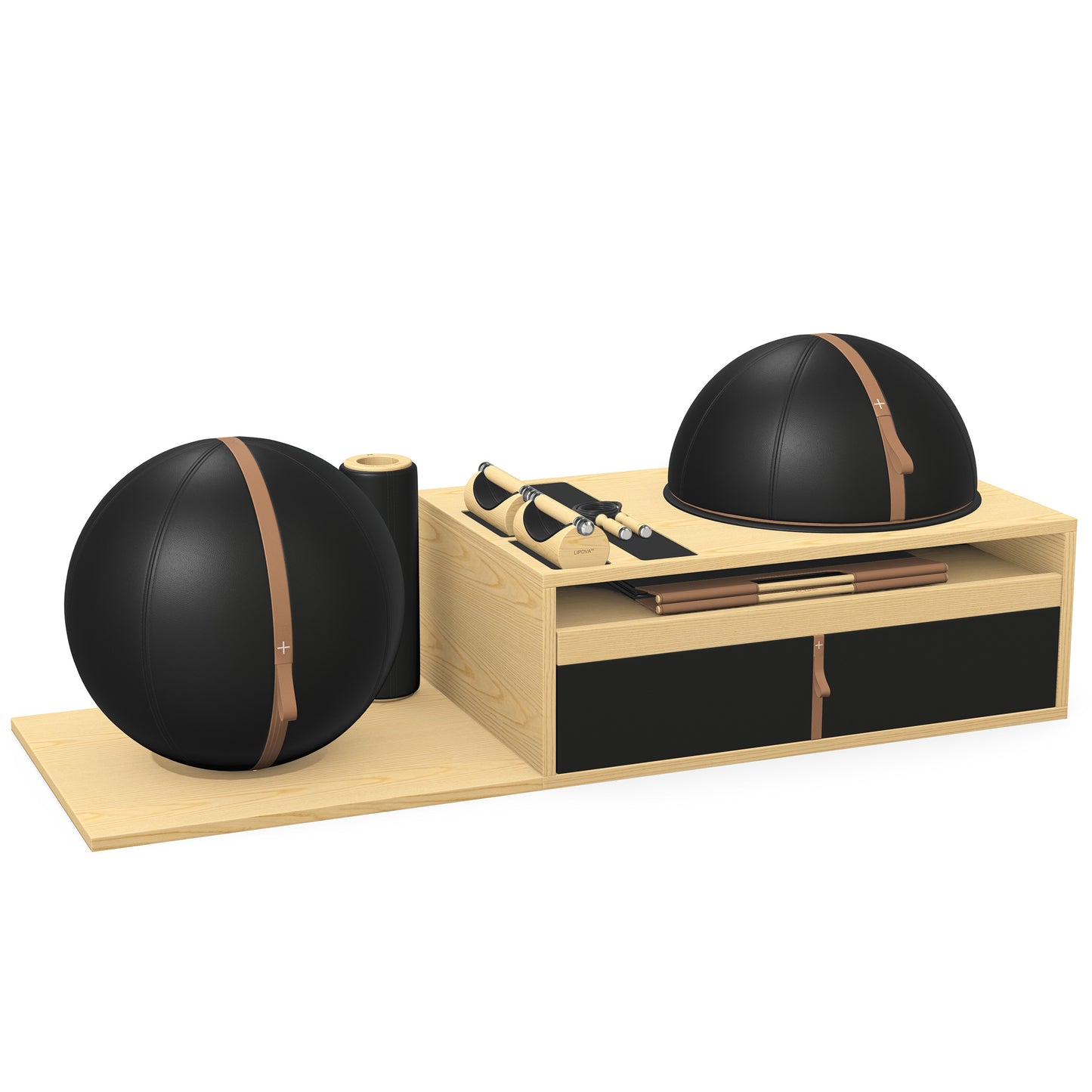 PENT. RACKA: Skipping ropes, push up bars, fitness mat, fitness ball, balance ball and stretching roller. Handcrafted with natural Italian black base leather, brown accent leather and natural ash wood.