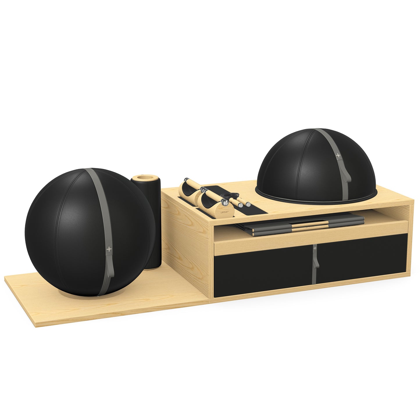 PENT. RACKA: Skipping ropes, push up bars, fitness mat, fitness ball, balance ball and stretching roller. Handcrafted with natural Italian black base leather, grey accent leather and natural ash wood.