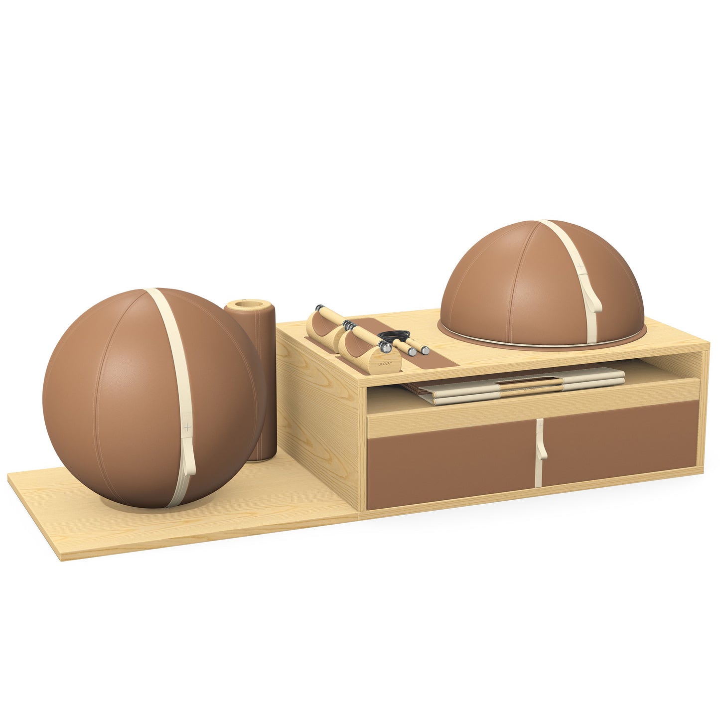 PENT. RACKA: Skipping ropes, push up bars, fitness mat, fitness ball, balance ball and stretching roller. Handcrafted with natural Italian brown base leather, beige accent leather and natural ash wood.