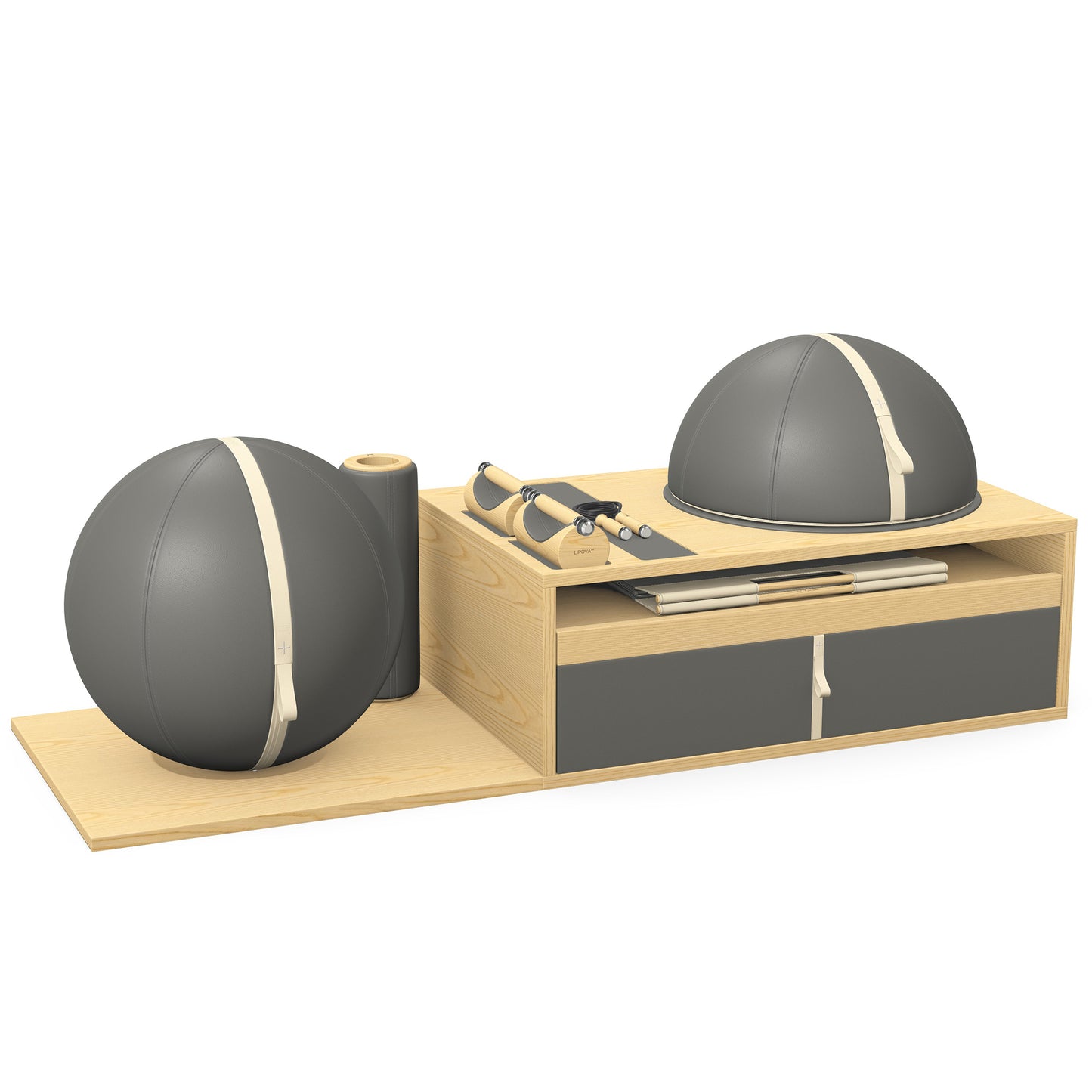 PENT. RACKA: Skipping ropes, push up bars, fitness mat, fitness ball, balance ball and stretching roller. Handcrafted with natural Italian grey base leather, beige accent leather and natural ash wood.
