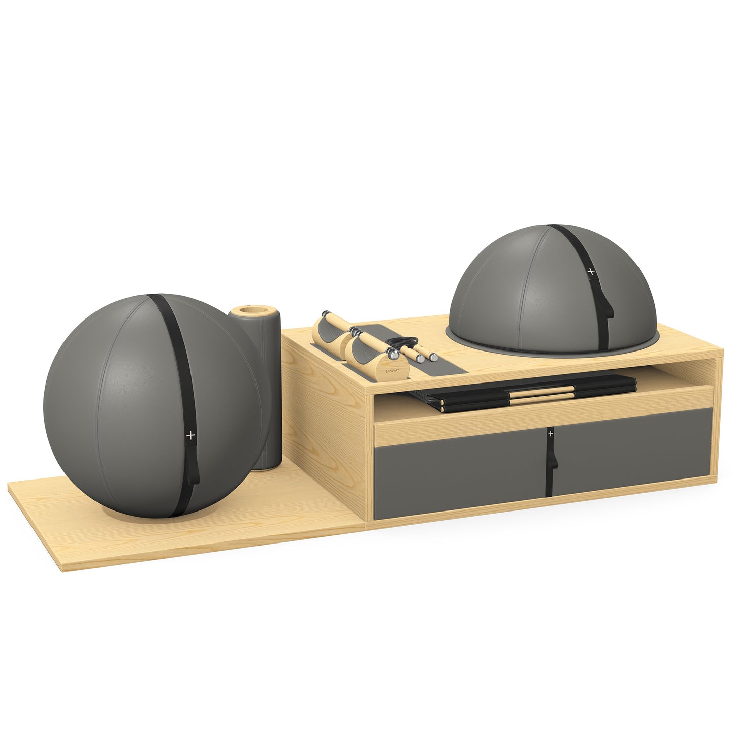 PENT. RACKA: Skipping ropes, push up bars, fitness mat, fitness ball, balance ball and stretching roller. Handcrafted with natural Italian grey base leather, black accent leather and natural ash wood.