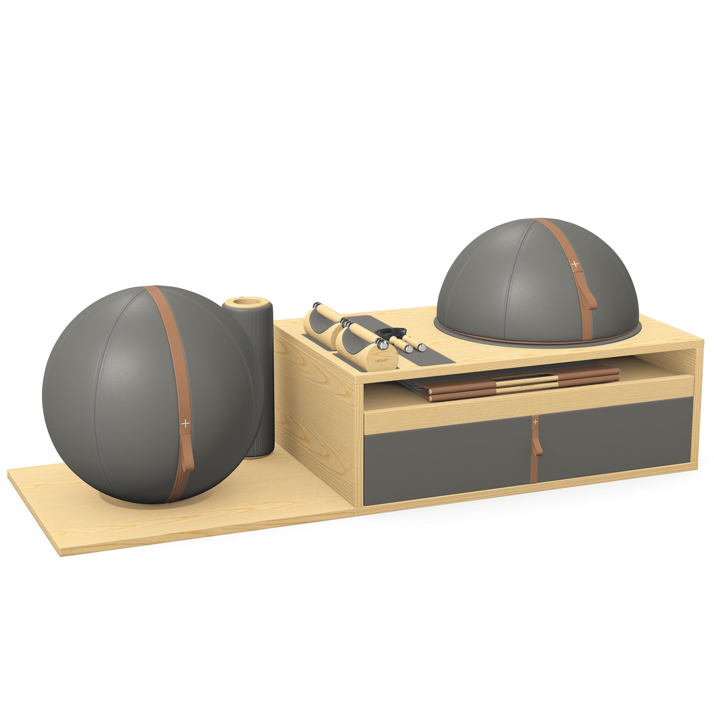 PENT. RACKA: Skipping ropes, push up bars, fitness mat, fitness ball, balance ball and stretching roller. Handcrafted with natural Italian grey base leather, brown accent leather and natural ash wood.
