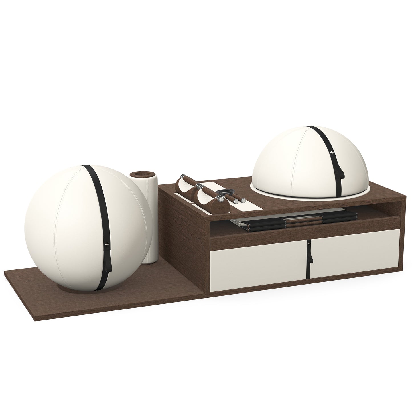 PENT. RACKA: Skipping ropes, push up bars, fitness mat, fitness ball, balance ball and stretching roller. Handcrafted with natural Italian white base leather, black accent leather and dark walnut wood.