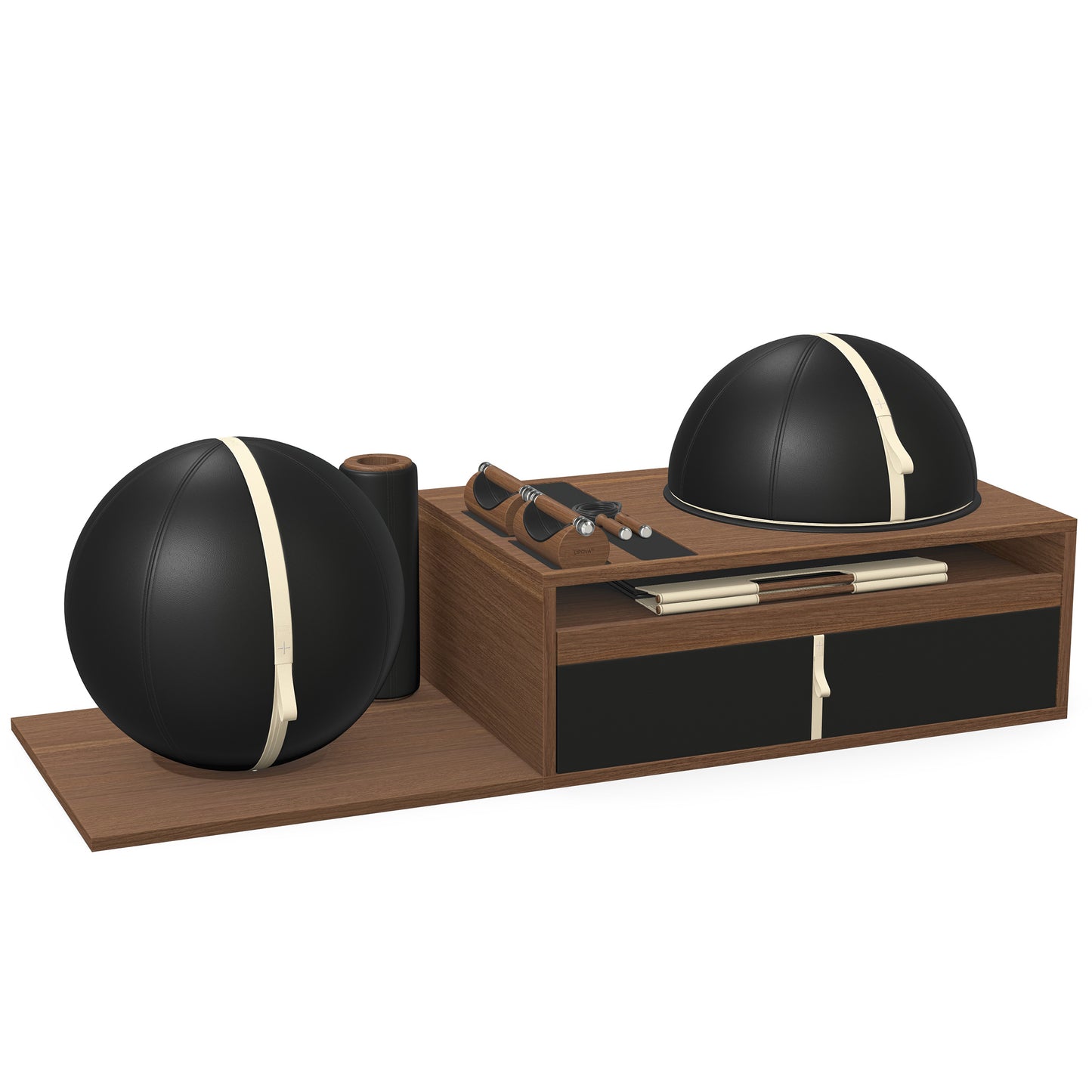PENT. RACKA: Skipping ropes, push up bars, fitness mat, fitness ball, balance ball and stretching roller. Handcrafted with natural Italian black base leather, beige accent leather and natural walnut wood.