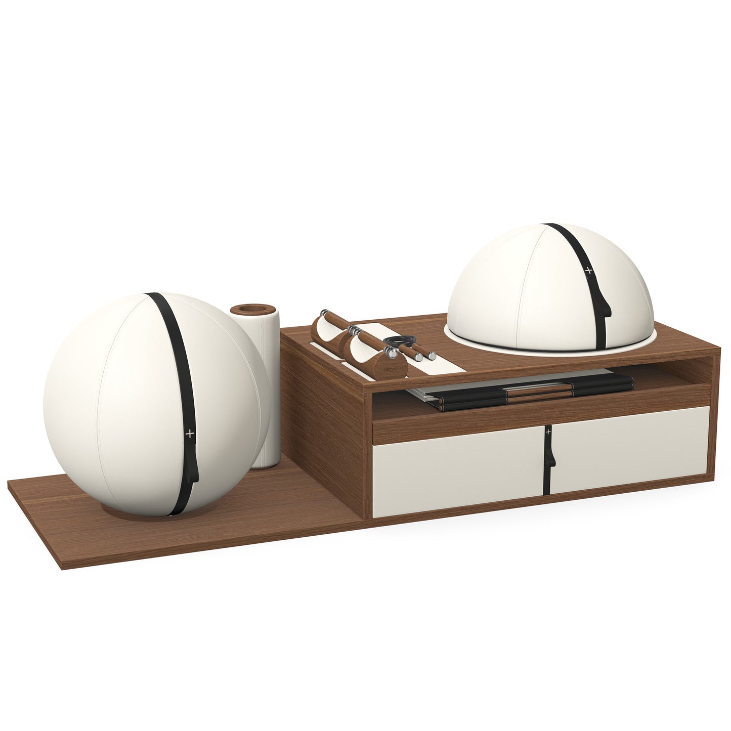 PENT. RACKA: Skipping ropes, push up bars, fitness mat, fitness ball, balance ball and stretching roller. Handcrafted with natural Italian white base leather, black accent leather and natural walnut wood.