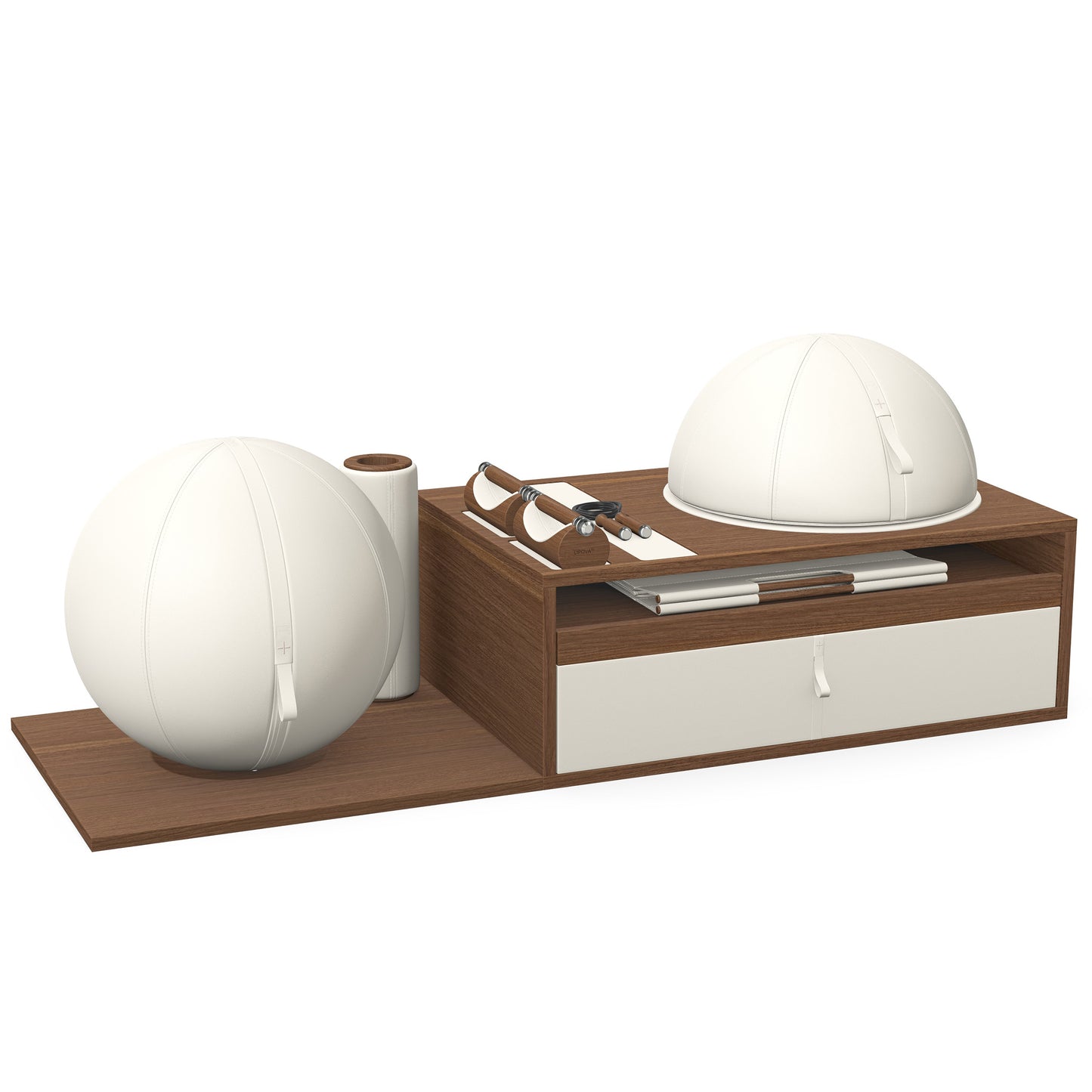 PENT. RACKA: Skipping ropes, push up bars, fitness mat, fitness ball, balance ball and stretching roller. Handcrafted with natural Italian white base leather, white accent leather and natural walnut wood.