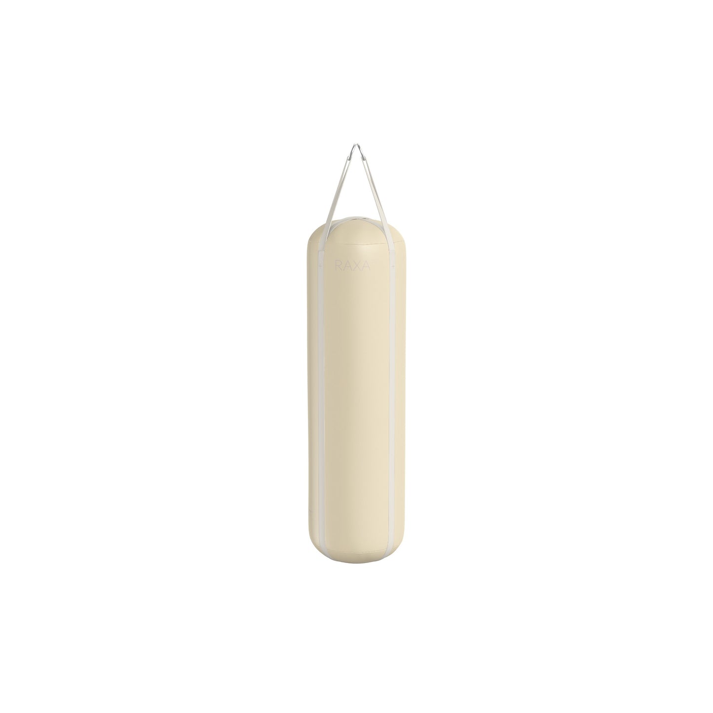 Luxury boxing equipment, handcrafted genuine Italian leather punching bag, filled with genuine leather scraps. Base leather in beige and accent leather in white color. PENT. RAXA