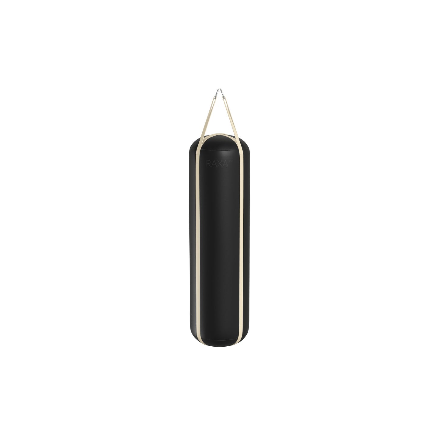 Luxury boxing equipment, handcrafted genuine Italian leather punching bag, filled with genuine leather scraps. With black base & beige accent Italian leather. PENT. RAXA