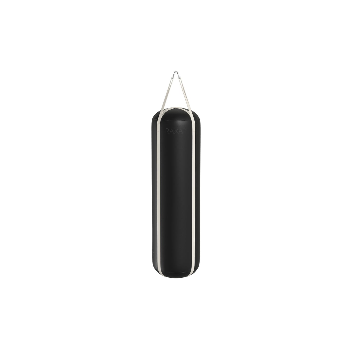 Luxury boxing equipment, handcrafted genuine Italian leather punching bag, filled with genuine leather scraps. With black base & white accent Italian leather. PENT. RAXA