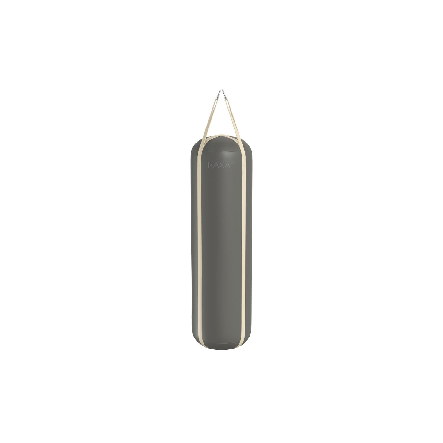 Luxury boxing equipment, handcrafted genuine Italian leather punching bag and boxing gloves, filled with genuine leather scraps. With grey base & beige accent Italian leather. PENT. RAXA