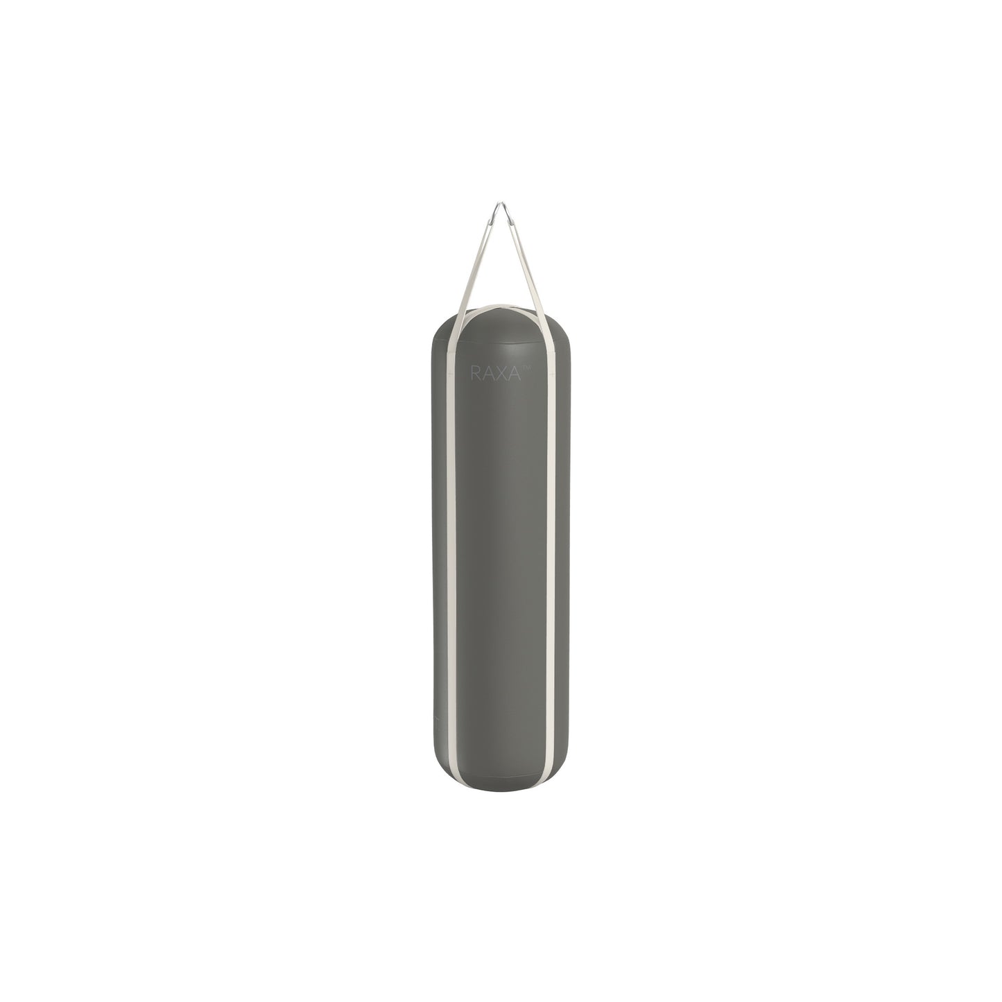 Luxury boxing equipment, handcrafted genuine Italian leather punching bag, filled with genuine leather scraps. With grey base & white accent Italian leather. PENT. RAXA