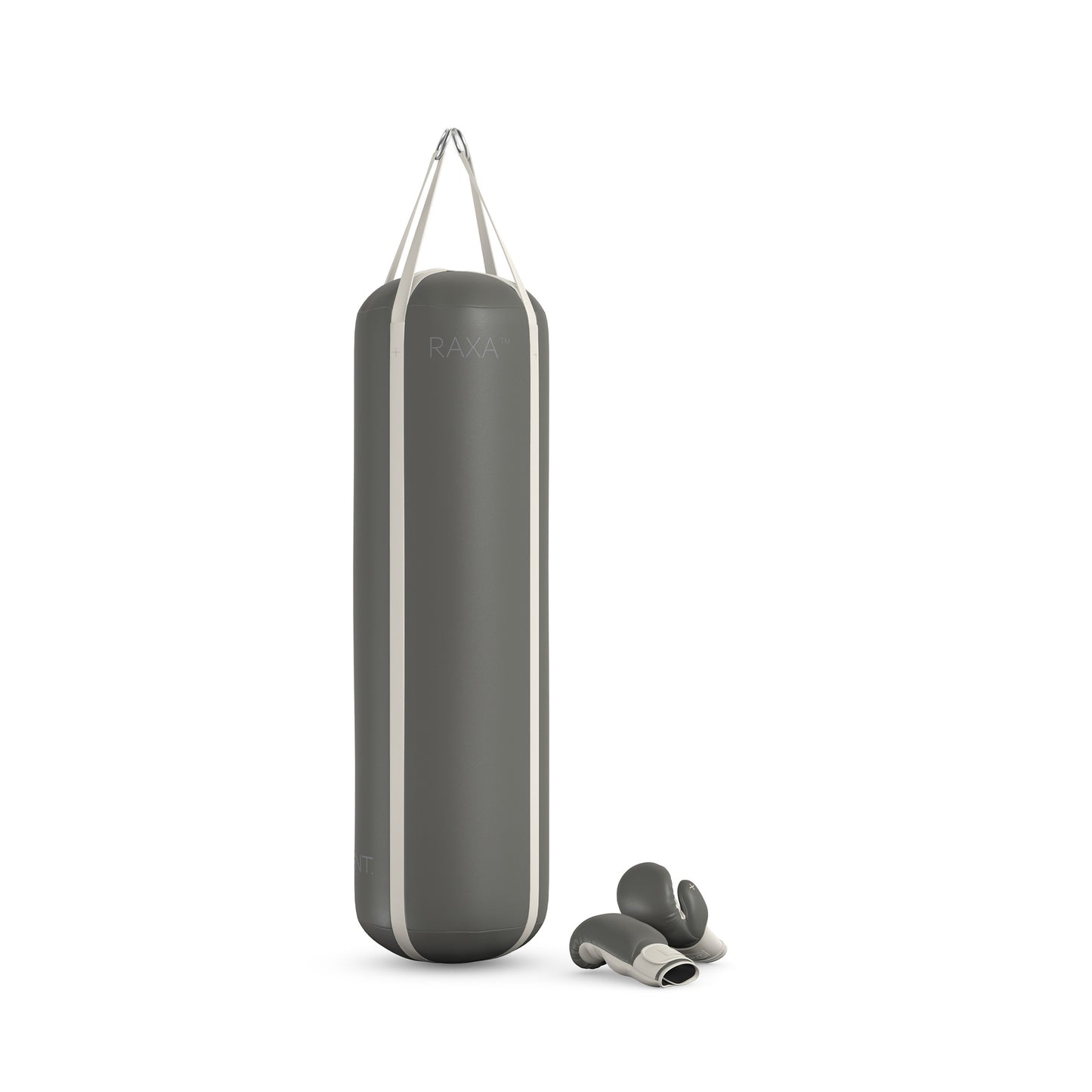 Luxury boxing equipment, handcrafted genuine Italian leather punching bag and boxing gloves, filled with genuine leather scraps. Base leather in grey and accent leather in white color. PENT. RAXA