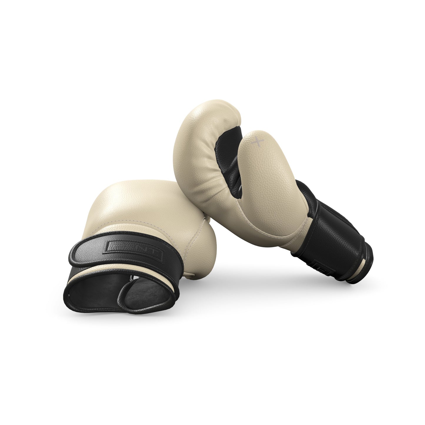 Luxury fitness equipment, handmade boxing gloves with premium Italian leather, base leather in beige and accent leather in black color. PENT. RAXA - Luxury Boxing Gloves