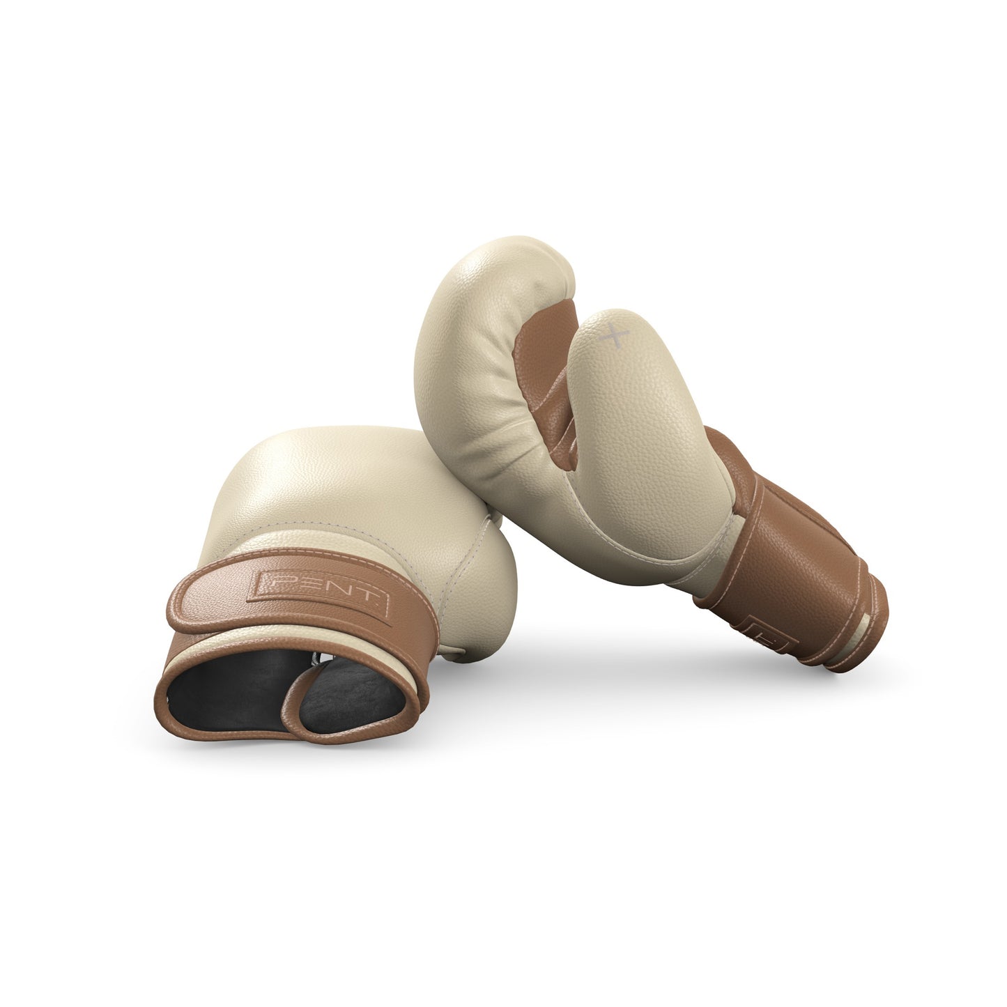 Luxury fitness equipment, handmade boxing gloves with premium Italian leather, base leather in beige and accent leather in brown color. PENT. RAXA - Luxury Boxing Gloves
