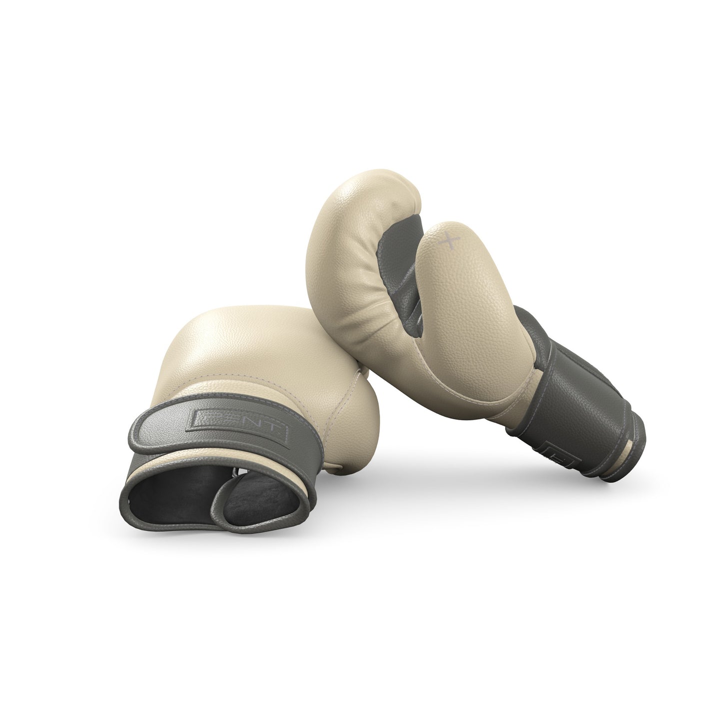 Luxury fitness equipment, handmade boxing gloves with premium Italian leather, base leather in beige and accent leather in grey color. PENT. RAXA - Luxury Boxing Gloves