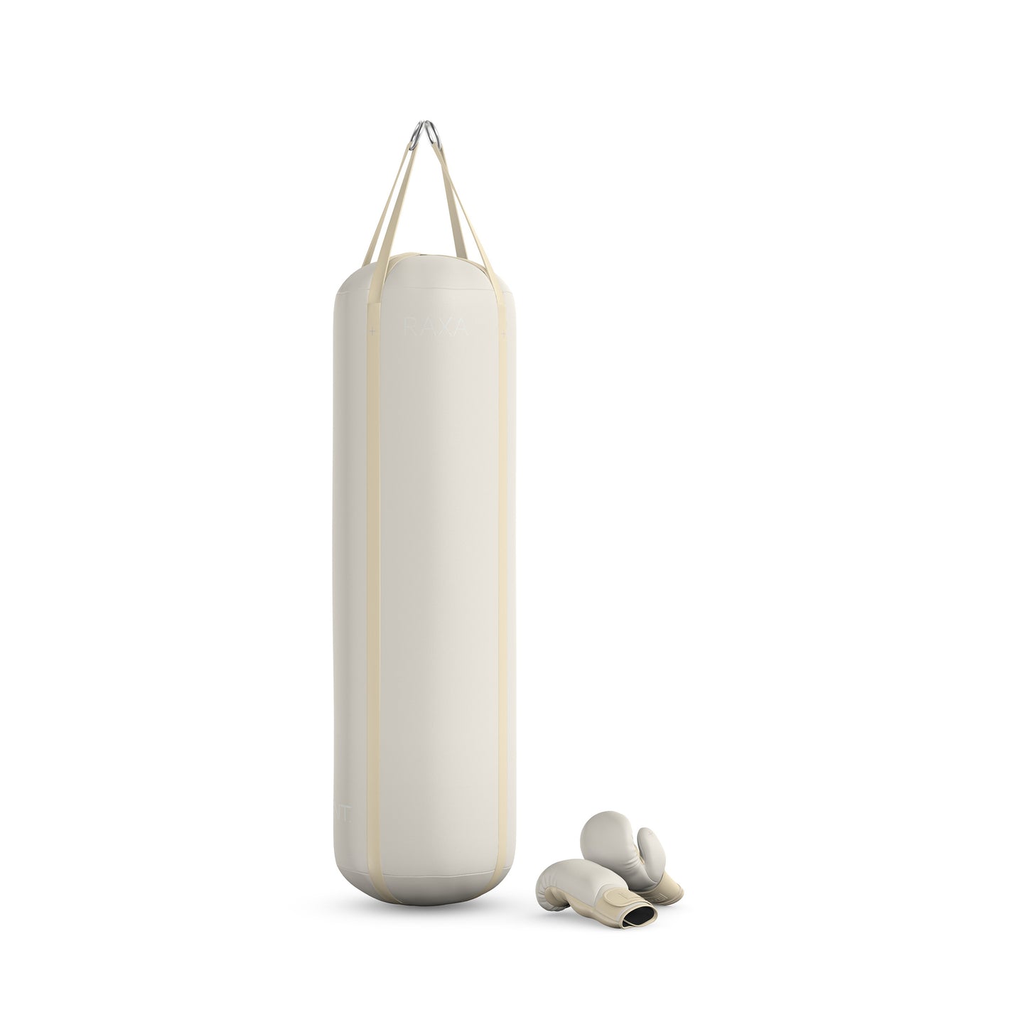 Luxury boxing equipment, handcrafted genuine Italian leather punching bag and boxing gloves, filled with genuine leather scraps. Base leather in white and accent leather in beige color. PENT. RAXA
