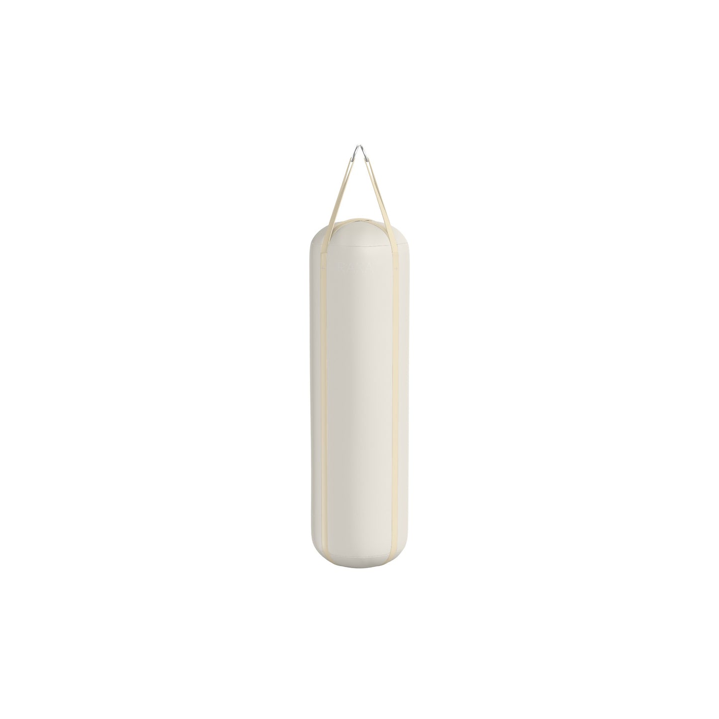 Luxury boxing equipment, handcrafted genuine Italian leather punching bag, filled with genuine leather scraps. Base leather in white and accent leather in beige color. PENT. RAXA