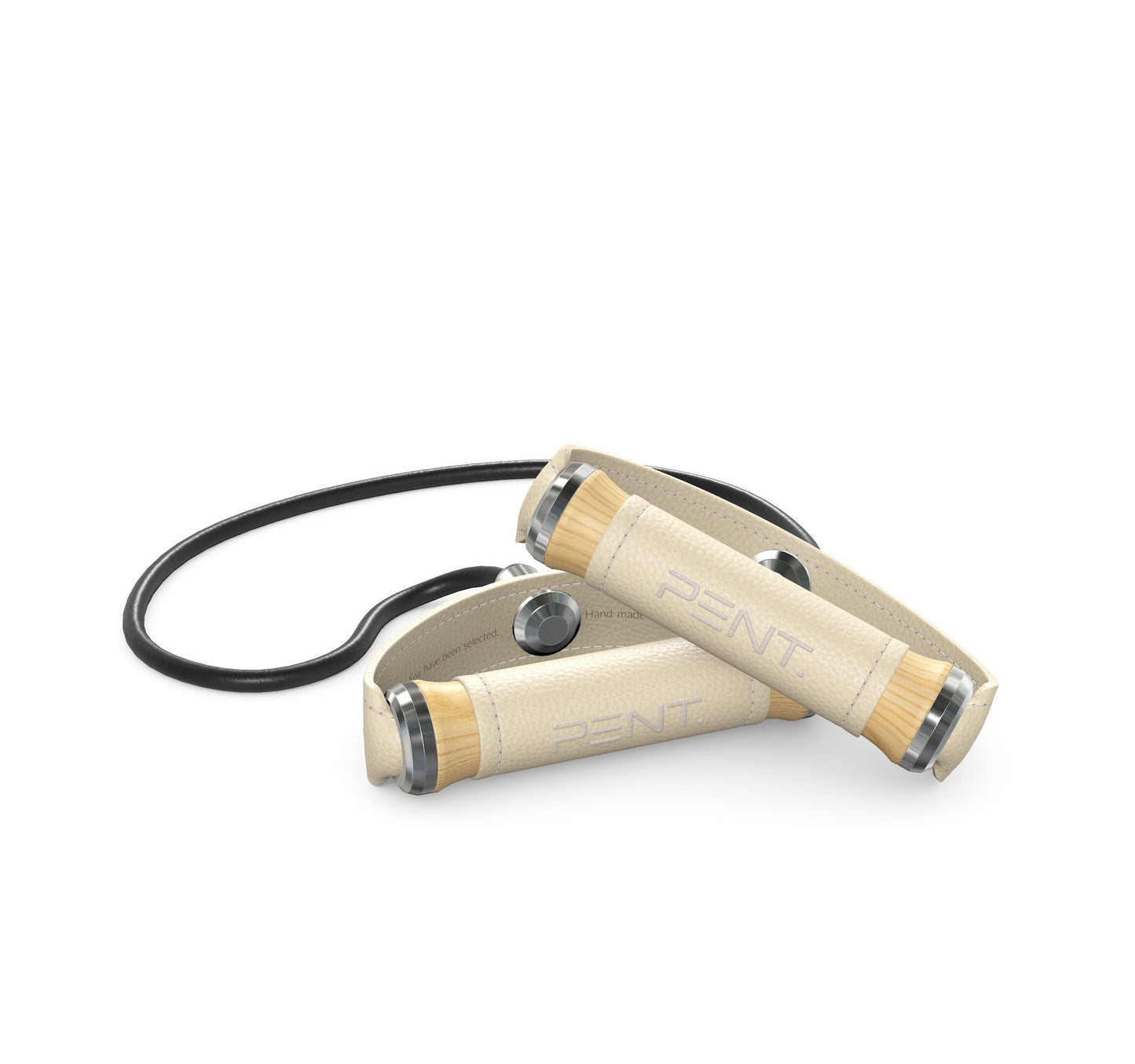 Luxury gym equipment, handcrafted resistance band with natural ash wood and premium beige leather. PENT. RESA - Luxury Fitness Resistance Band