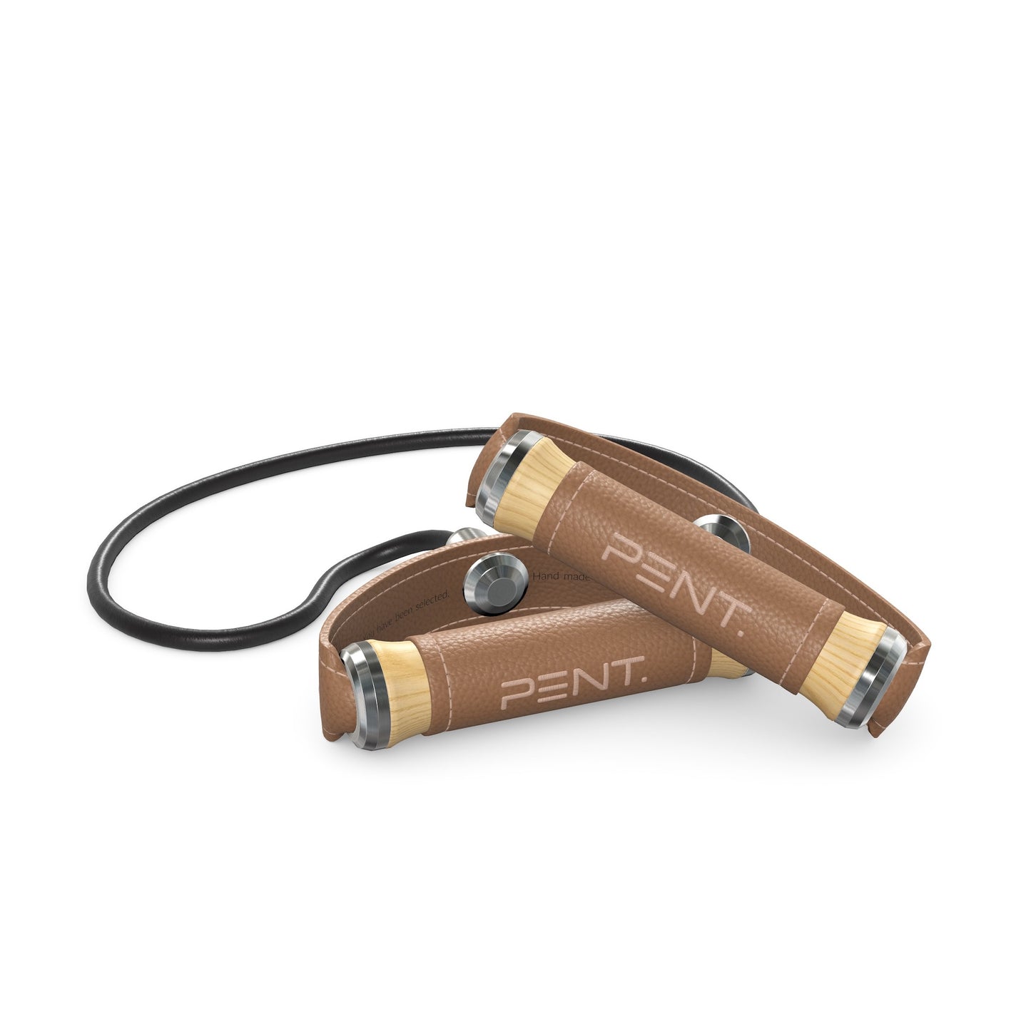 Luxury gym equipment, handcrafted resistance band with natural ash wood and premium brown leather. PENT. RESA - Luxury Fitness Resistance Band