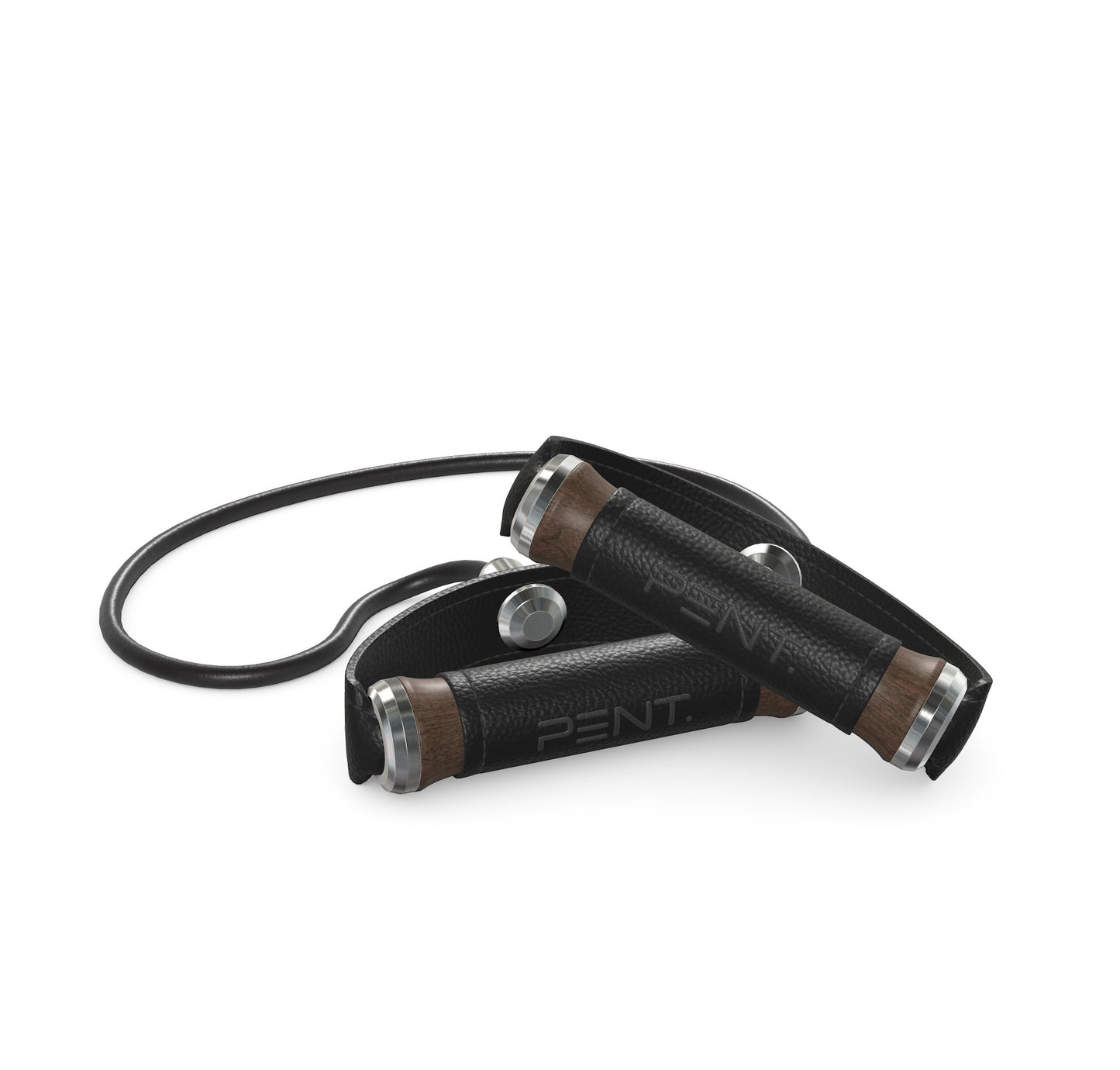 Luxury gym equipment, handcrafted resistance band with dark walnut wood and premium black leather. PENT. RESA - Luxury Fitness Resistance Band