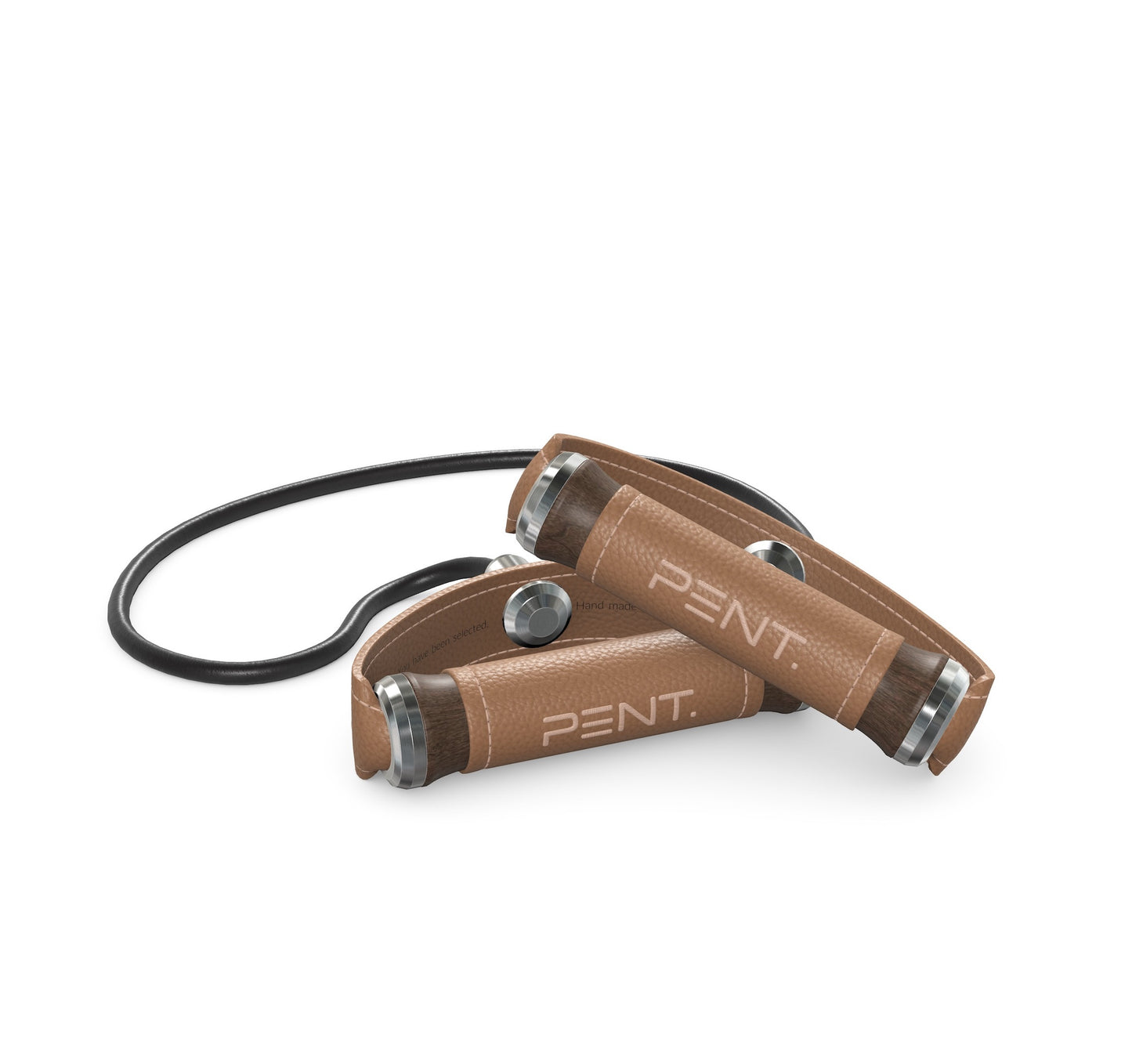 Luxury gym equipment, handcrafted resistance band with dark walnut wood and premium brown leather. PENT. RESA - Luxury Fitness Resistance Band