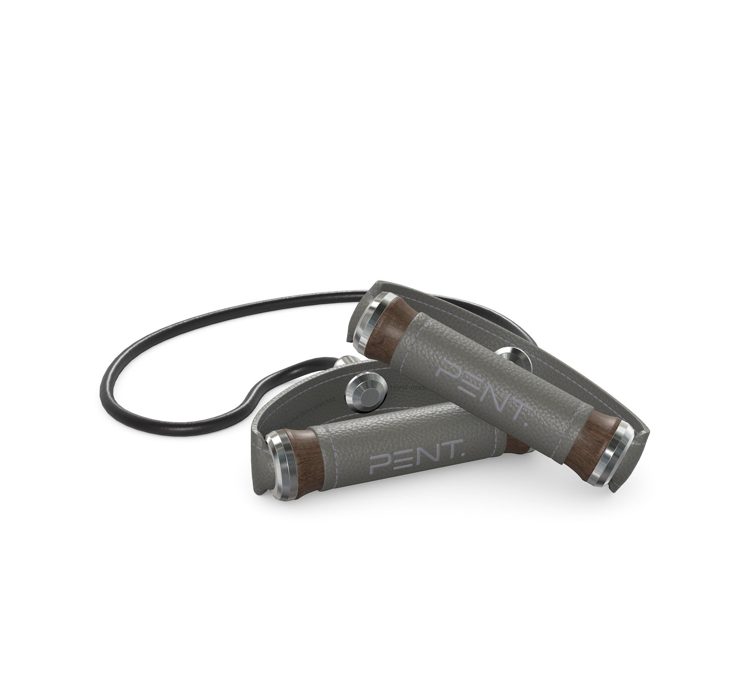 Luxury gym equipment, handcrafted resistance band with dark walnut wood and premium grey leather. PENT. RESA - Luxury Fitness Resistance Band
