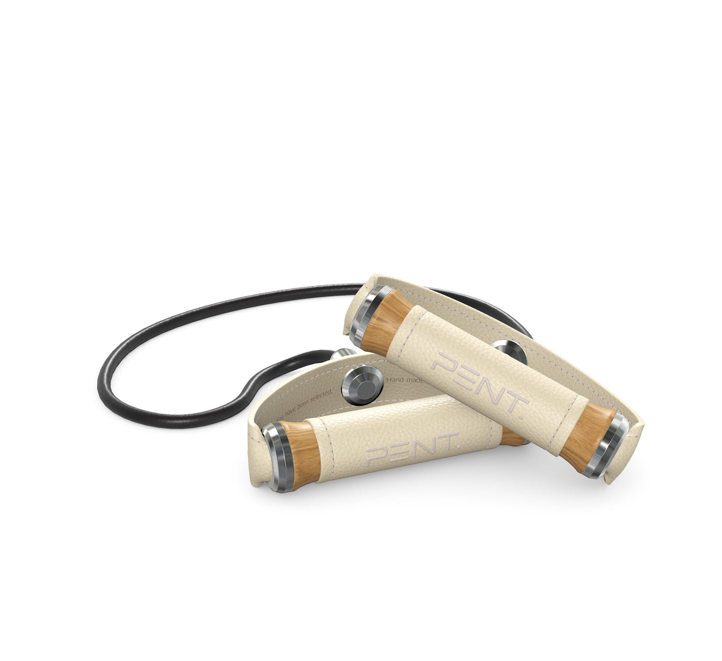 Luxury gym equipment, handcrafted resistance band with oak wood and premium beige leather. PENT. RESA - Luxury Fitness Resistance Band