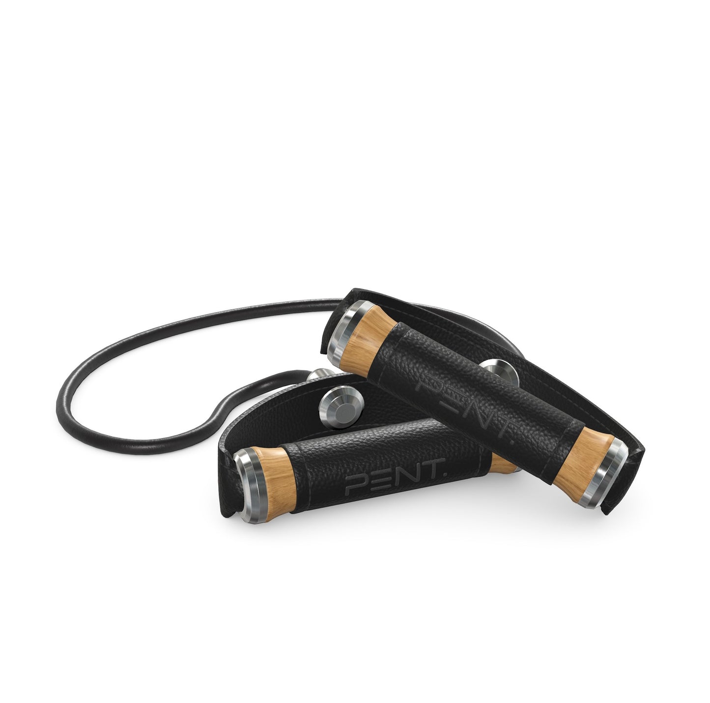 Luxury gym equipment, handcrafted resistance band with oak wood and premium black leather. PENT. RESA - Luxury Fitness Resistance Band