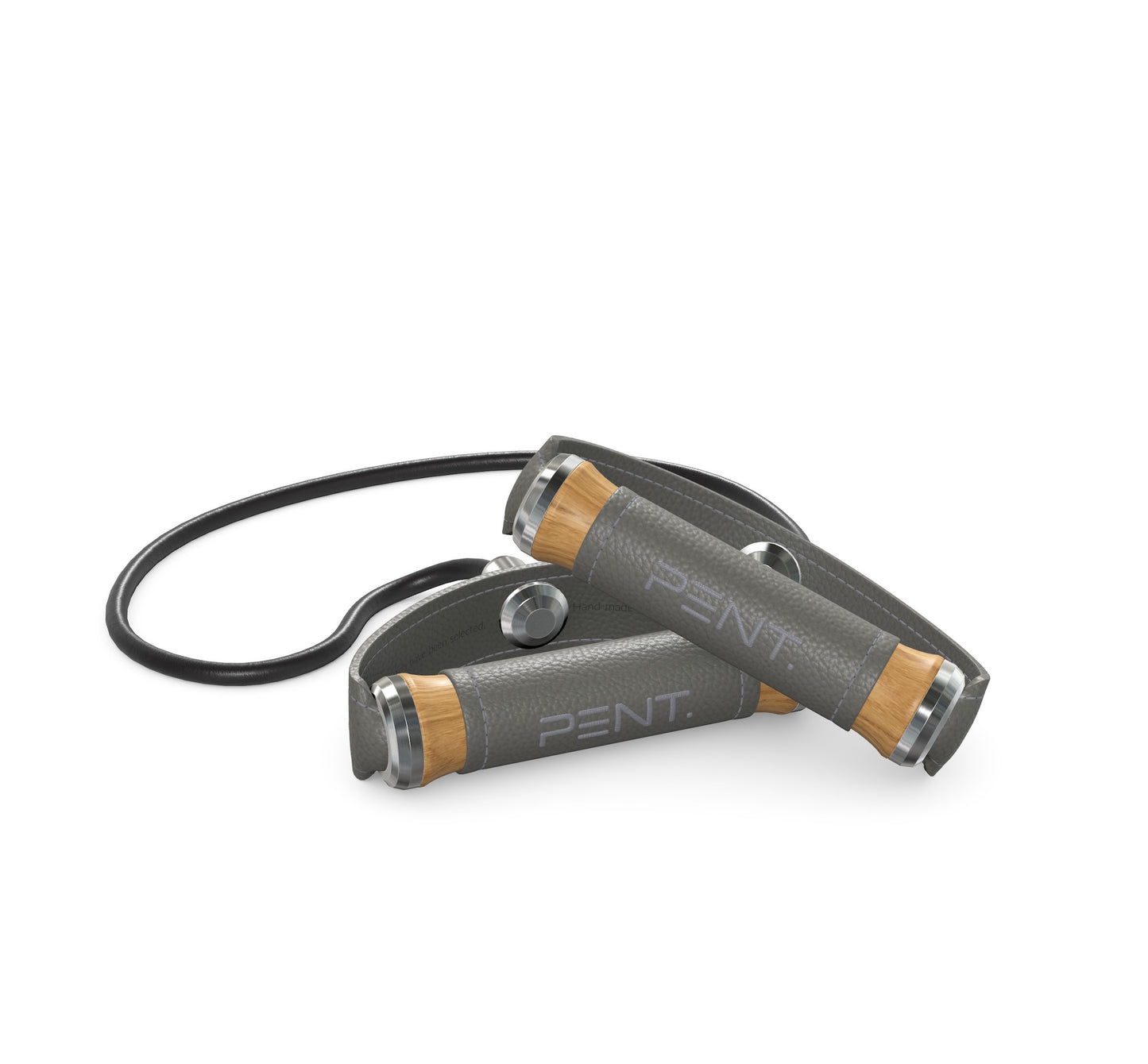 Luxury gym equipment, handcrafted resistance band with oak wood and premium grey leather. PENT. RESA - Luxury Fitness Resistance Band