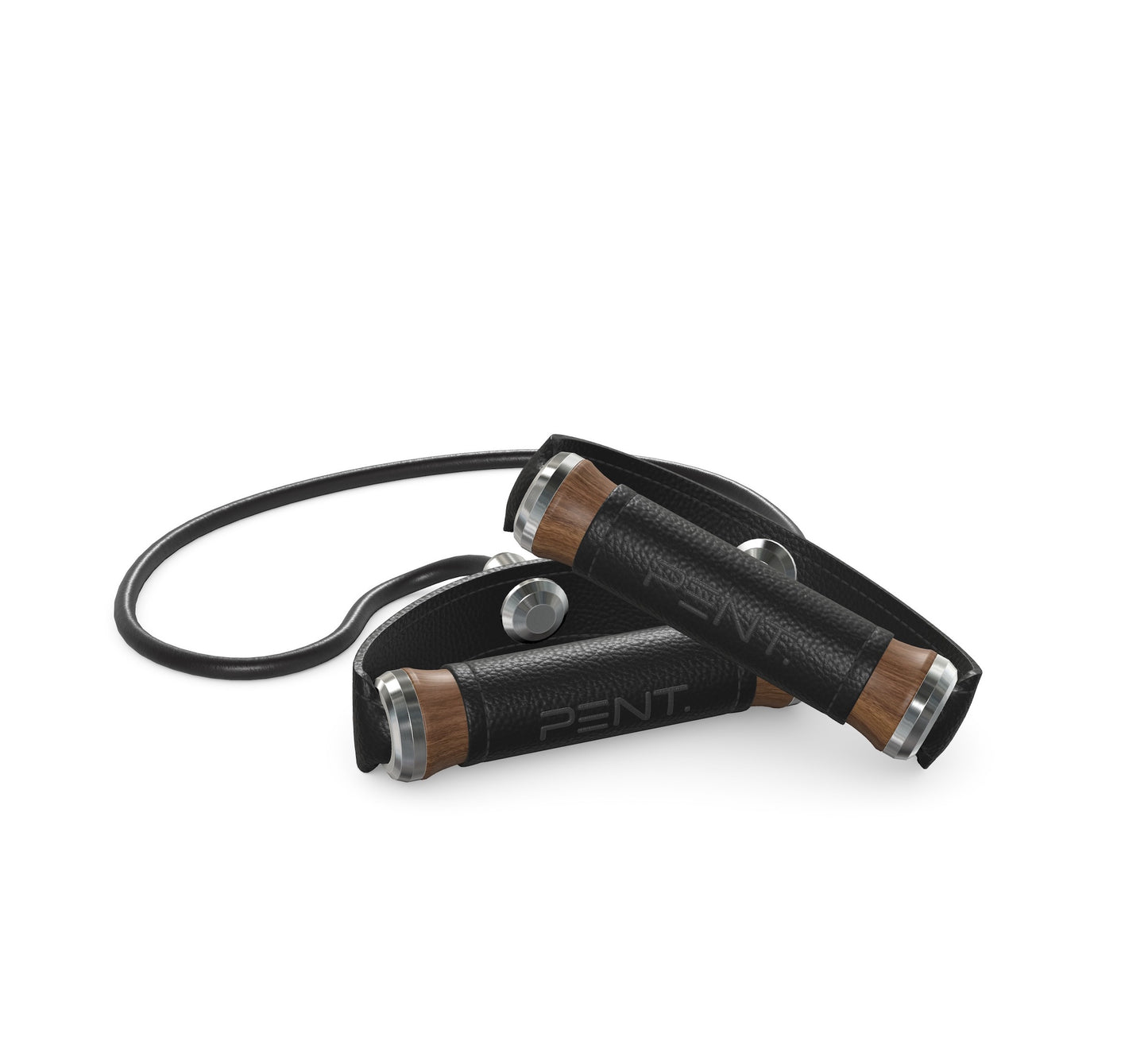 Luxury gym equipment, handcrafted resistance band with natural walnut wood and premium black leather. PENT. RESA - Luxury Fitness Resistance Band