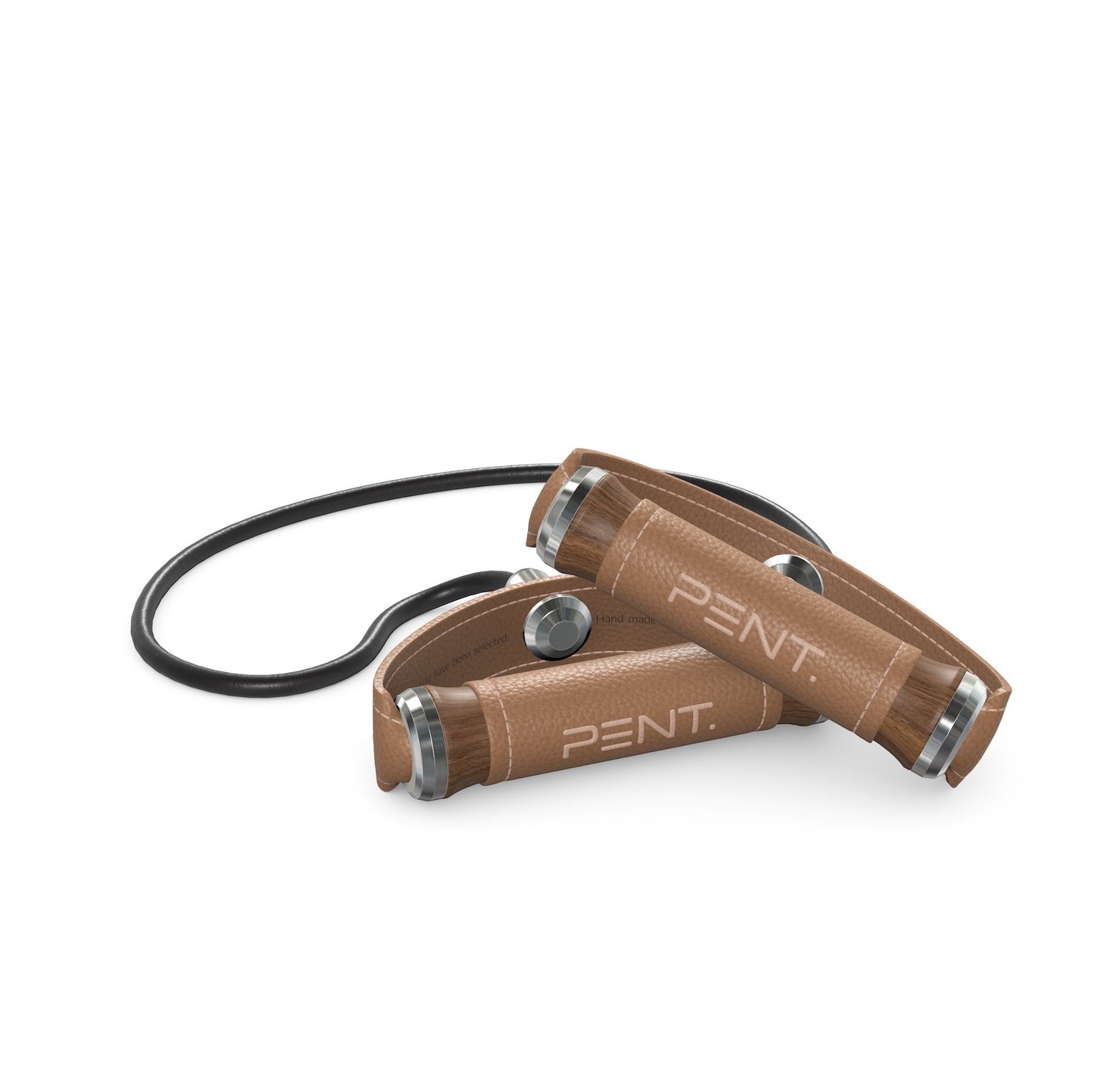 Luxury gym equipment, handcrafted resistance band with natural walnut wood and premium brown leather. PENT. RESA - Luxury Fitness Resistance Band