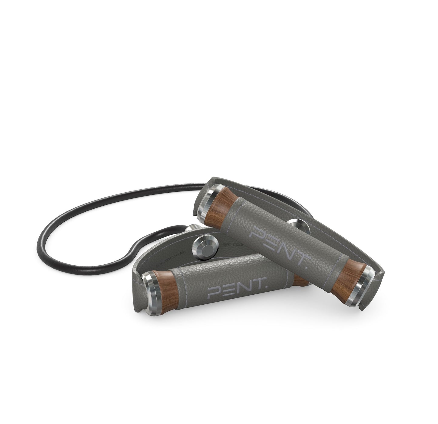 Luxury gym equipment, handcrafted resistance band with natural walnut wood and premium grey leather. PENT. RESA - Luxury Fitness Resistance Band
