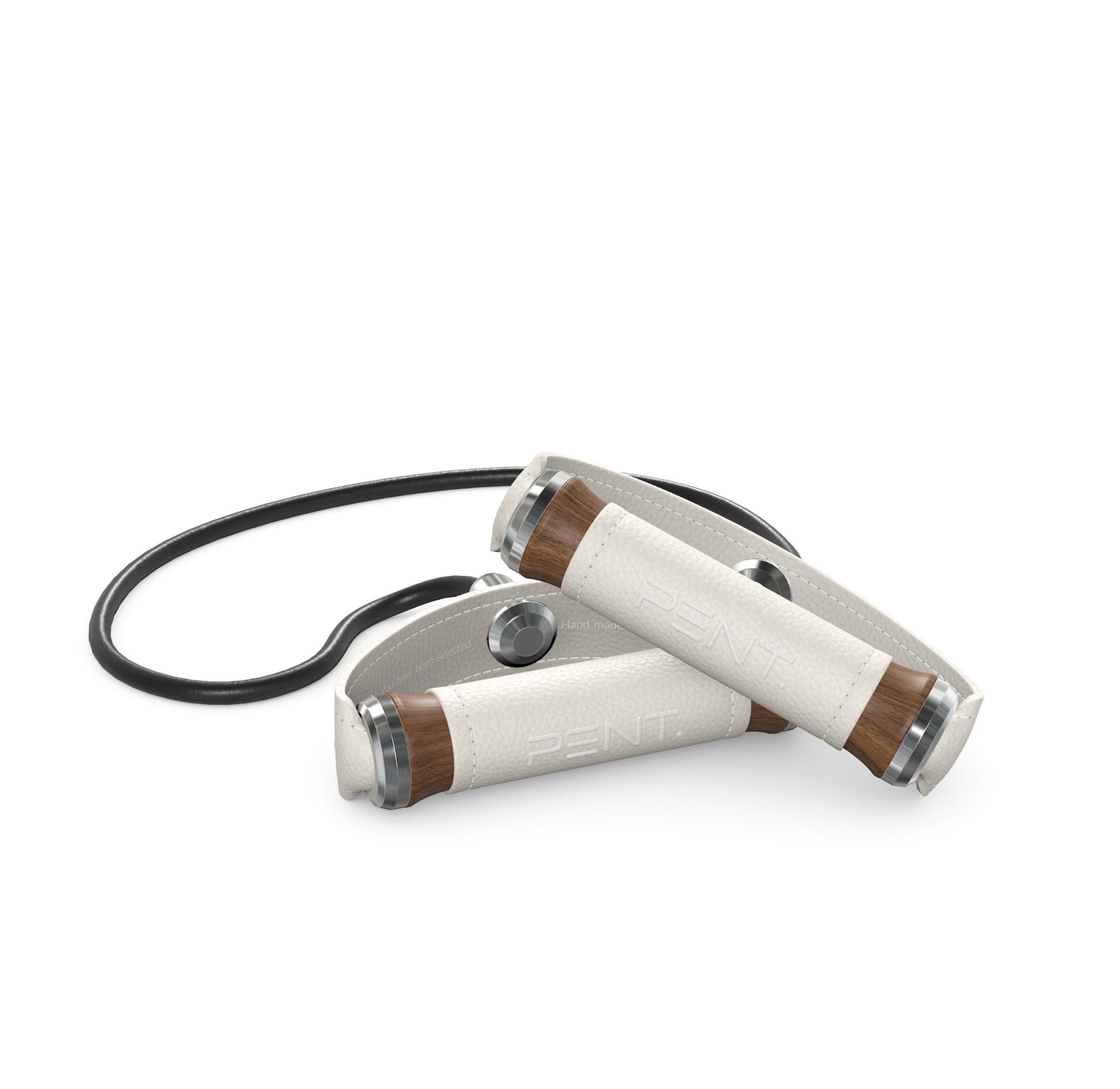 Luxury gym equipment, handcrafted resistance band with natural walnut wood and premium white leather. PENT. RESA - Luxury Fitness Resistance Band