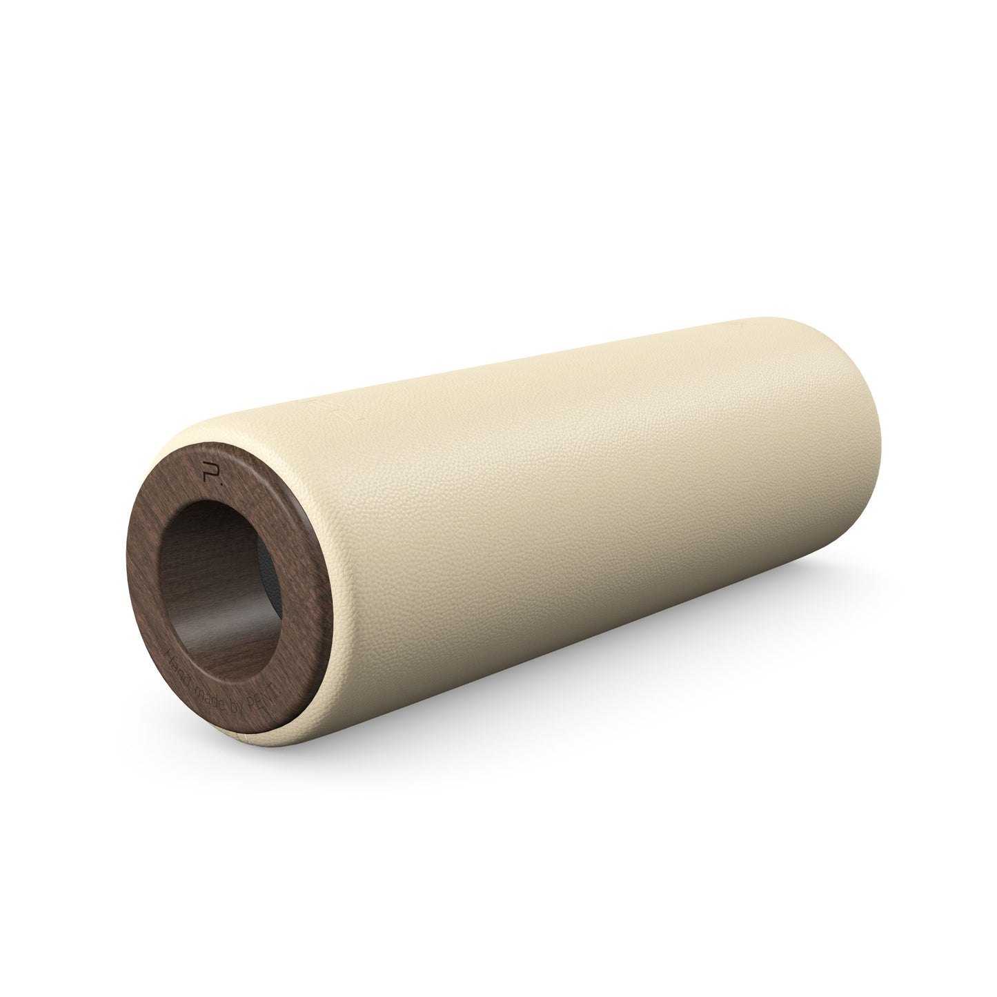 Luxury fitness equipment, handcrafted stretching roller with natural wood and luxurious leather. Customize in beige base leather, black accent leather and dark walnut wood. PENT. ROLA - Luxury Stretching Roller